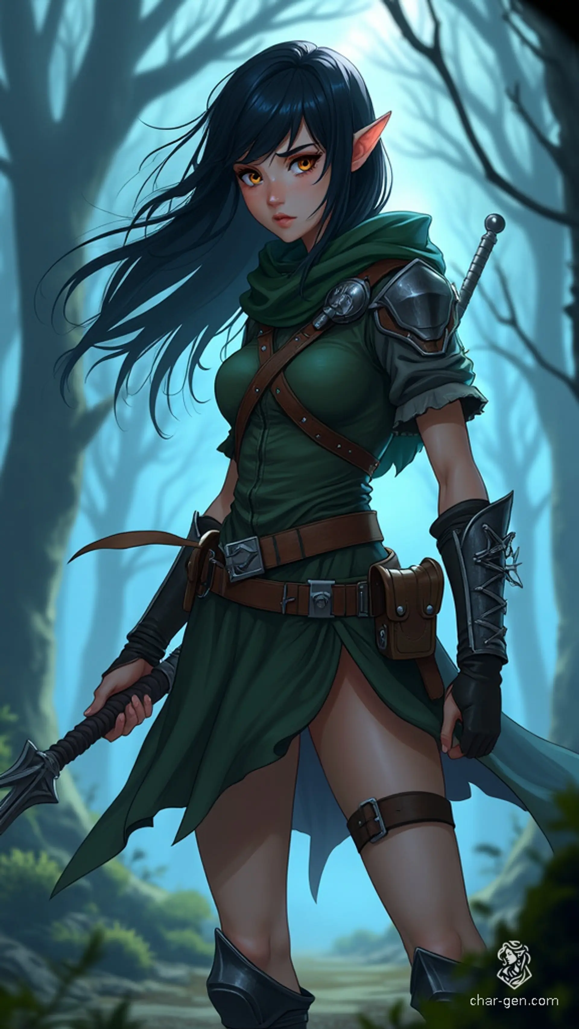 Vex'ahlia is a nimble, 28-year-old half-elf ranger with keen eyes and jet black hair. Despite her lack of strength and intelligence, she excels as a hunter with her stealth and agility. Rejected by both human and elven societies, she was raised in Singorn with her twin brother Vax, and now roams the woods with her bear companion, Trinket.