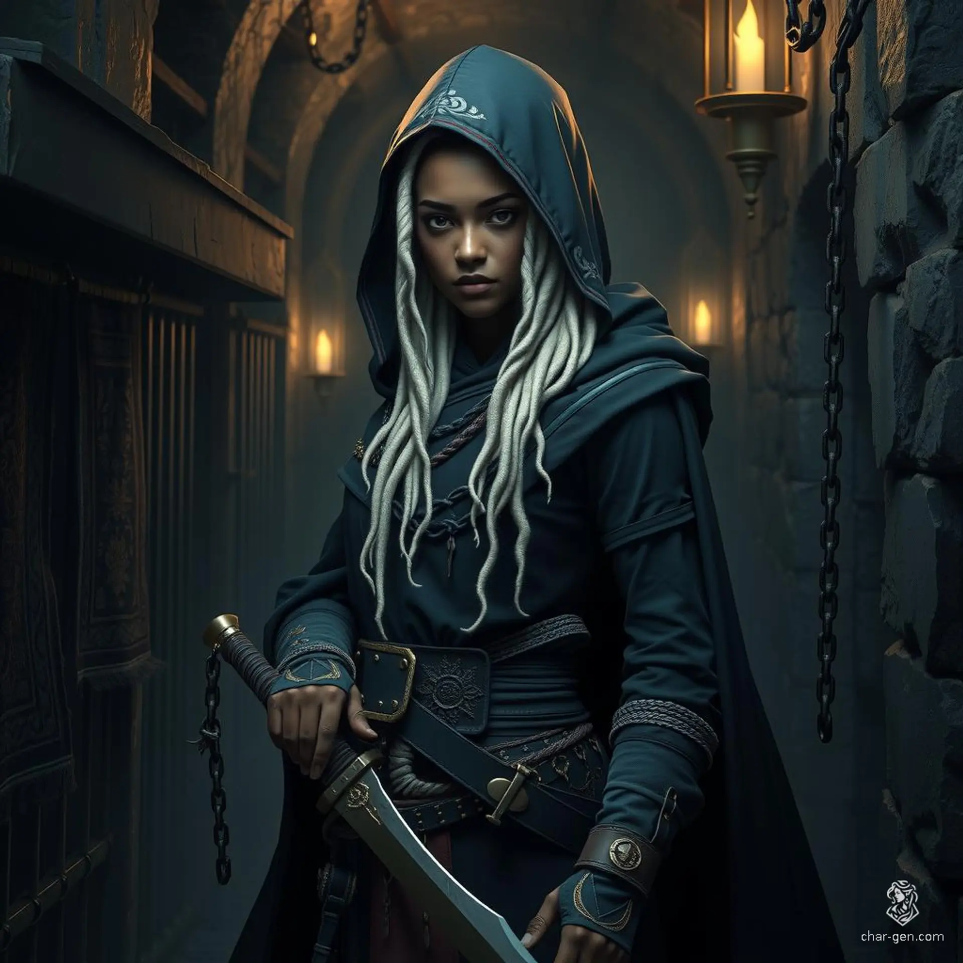 A dark-skinned drow female with white dreadlocks, cloaked and armed with a scimitar. As a stealthy rogue spy, she blends into crowds, eavesdrops, and carries secret messages, her light-footed stance aiding her covert mission.