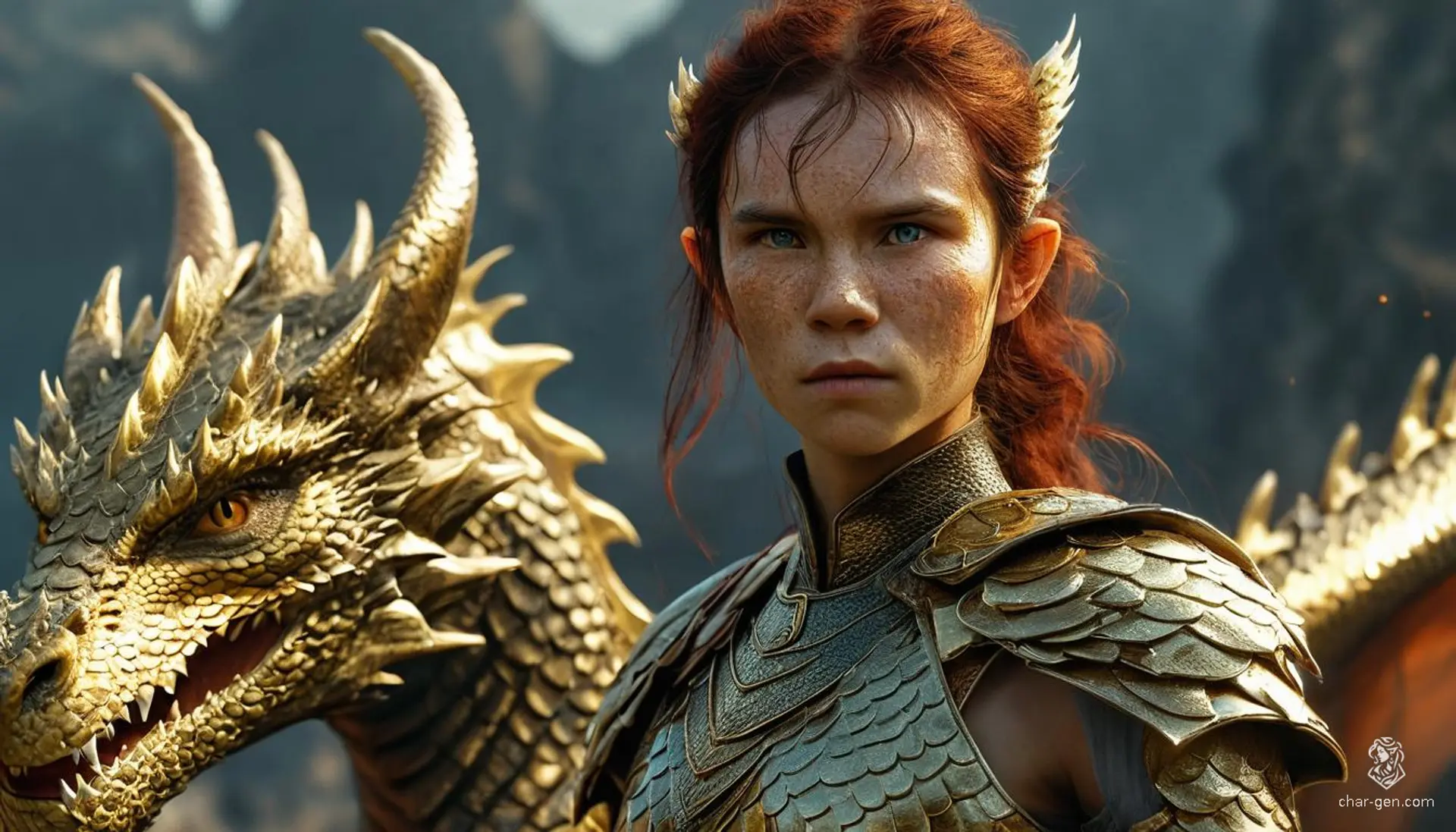 Shanyn, a 20-year-old fighter of noble lineage and human/dragon hybrid, stands tall at 6'2", wielding a longsword with confidence. With green eyes, copper braided hair, and freckled gold scales, Shanyn combines her formidable strength with intricate leather armor. Known as Treasureborn, she hides a scandalous secret about her true dragon heritage.