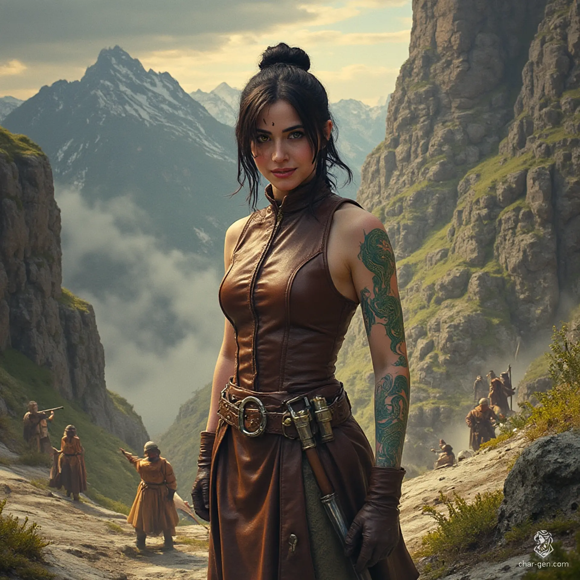 Izzy, a perky halfling assassin, stands 1.5 meters tall with striking yellow-green eyes and snake-scale tattoos adorning her bare arms. Clad in a tight brown leather tunic, she lurks in the shadows, exuding an aura of deadly competence and a playful malice that hints at the thrill of her lethal hunt.