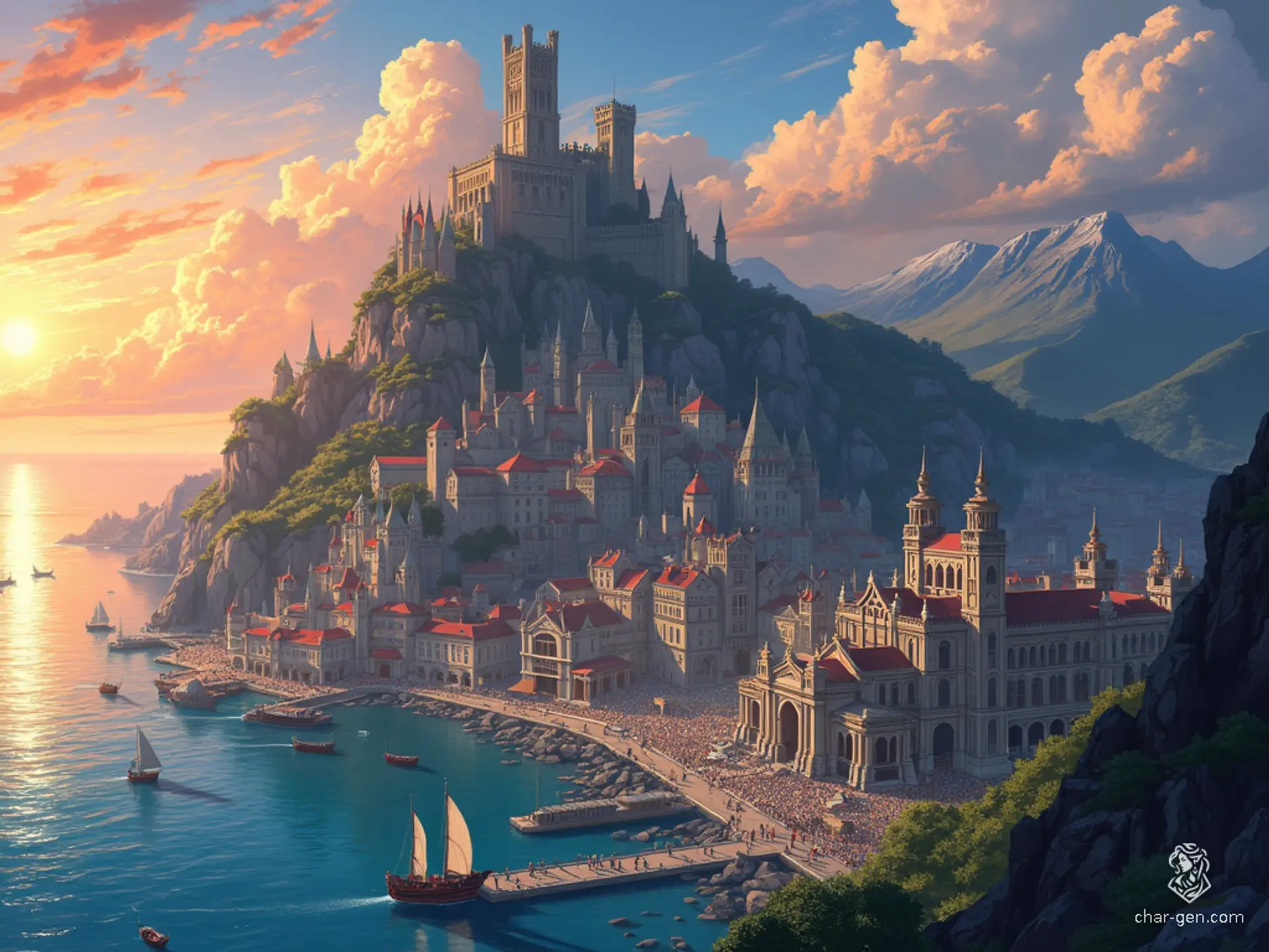 Waterdeep, a majestic city on the Sword Coast, bursts with life. Grand medieval architecture and bustling markets enchant the senses under a setting sun. Towering spires and palaces overlook a teeming harbor, while Mount Waterdeep stands guard, crowned by Castle Waterdeep, encapsulating a realm vibrant with commerce and adventure.
