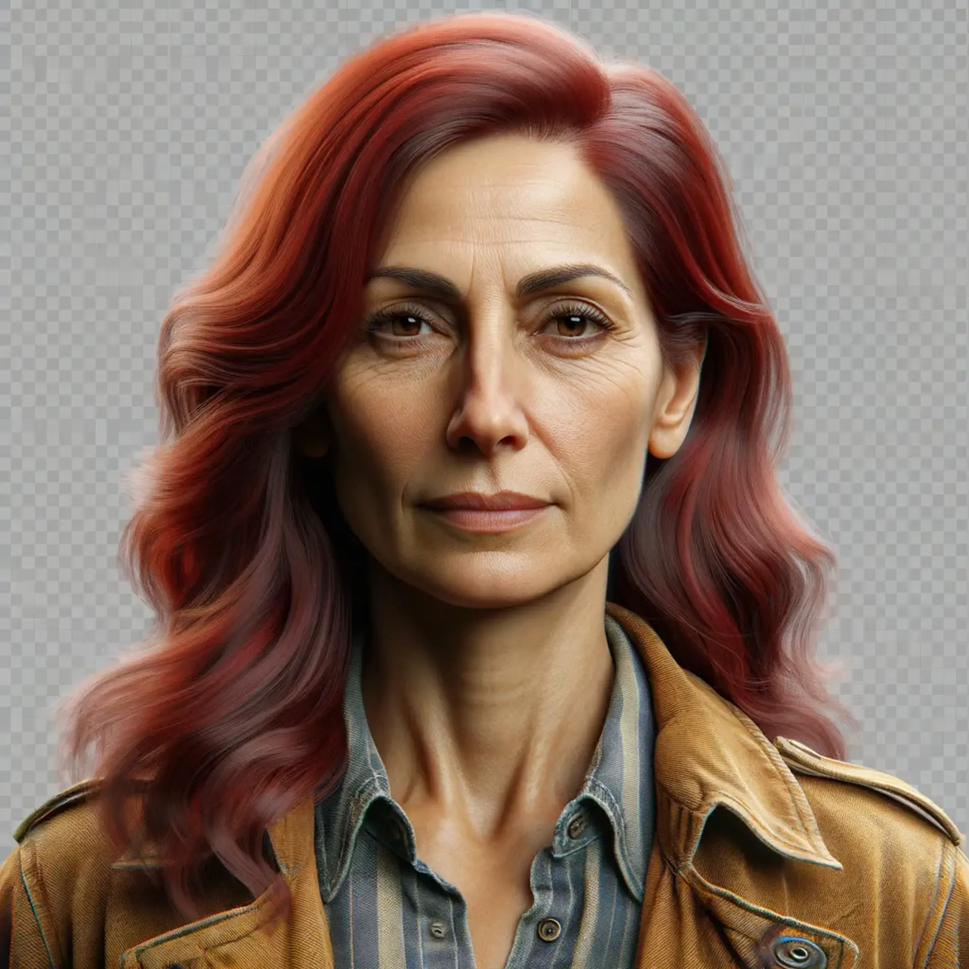 A sharp-tongued, middle-aged prostitute with bold cherry-red hair and olive-toned skin, she navigates the cheap brothel’s shadows, secretly collecting whispered secrets. Her weathered face, marked by frown lines and years of hard living, hides a keen mind beneath a tough exterior.