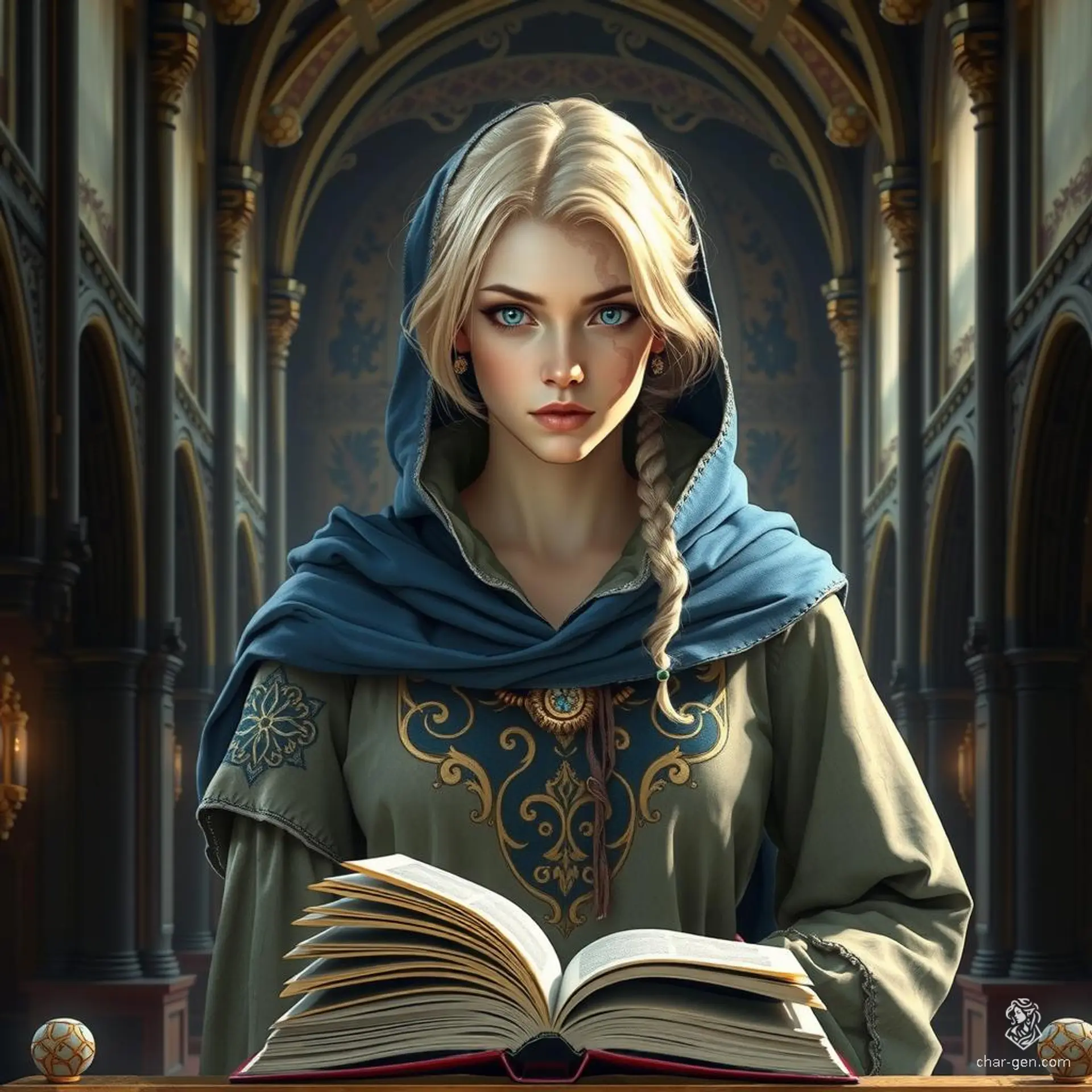 Rowena Krollnar, a 45-year-old fair-skinned noblewoman and wizard with blonde hair, bright blue eyes, and a distinctive scar, commands attention in her enchanted garments and flowing robes. She wields a magical tome, seated regally with a blue veil adorning her head.