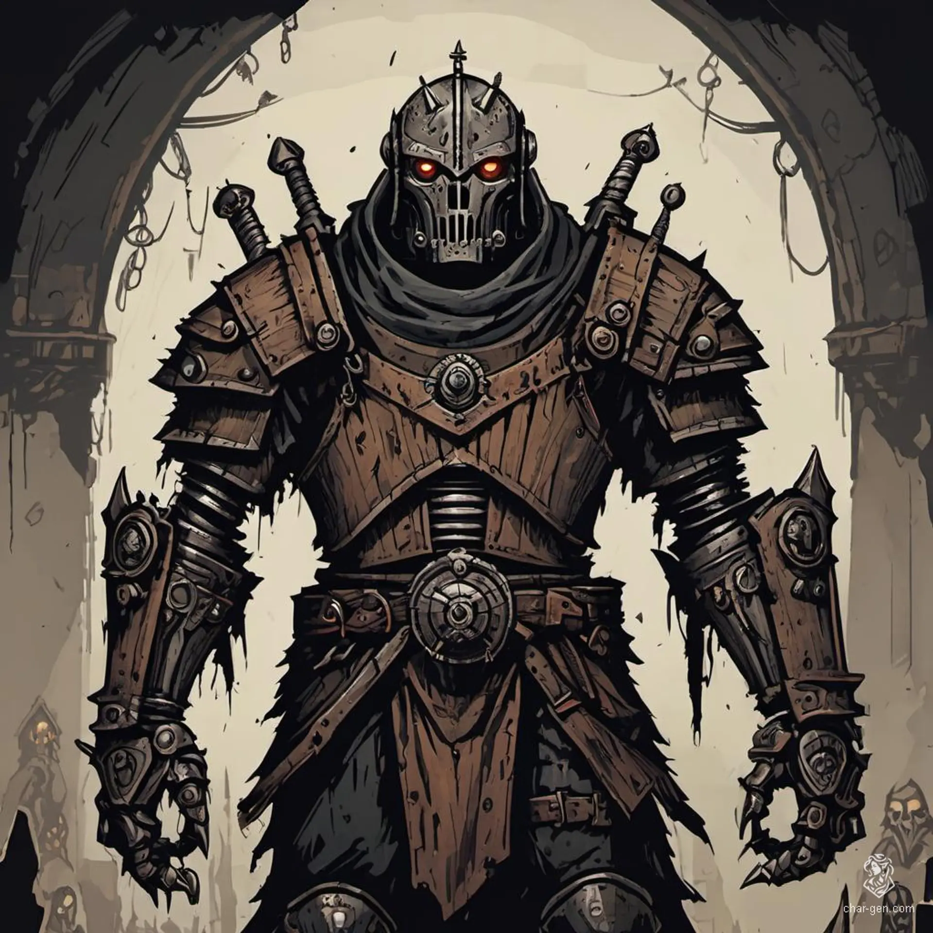 A male warforged barbarian, crafted from wood and metal, wields gears, pulleys, and eldritch magic. Wild and rugged, he storms into battle with a fierce, primal spirit, embodying the raw power of medieval fantasy robotics.