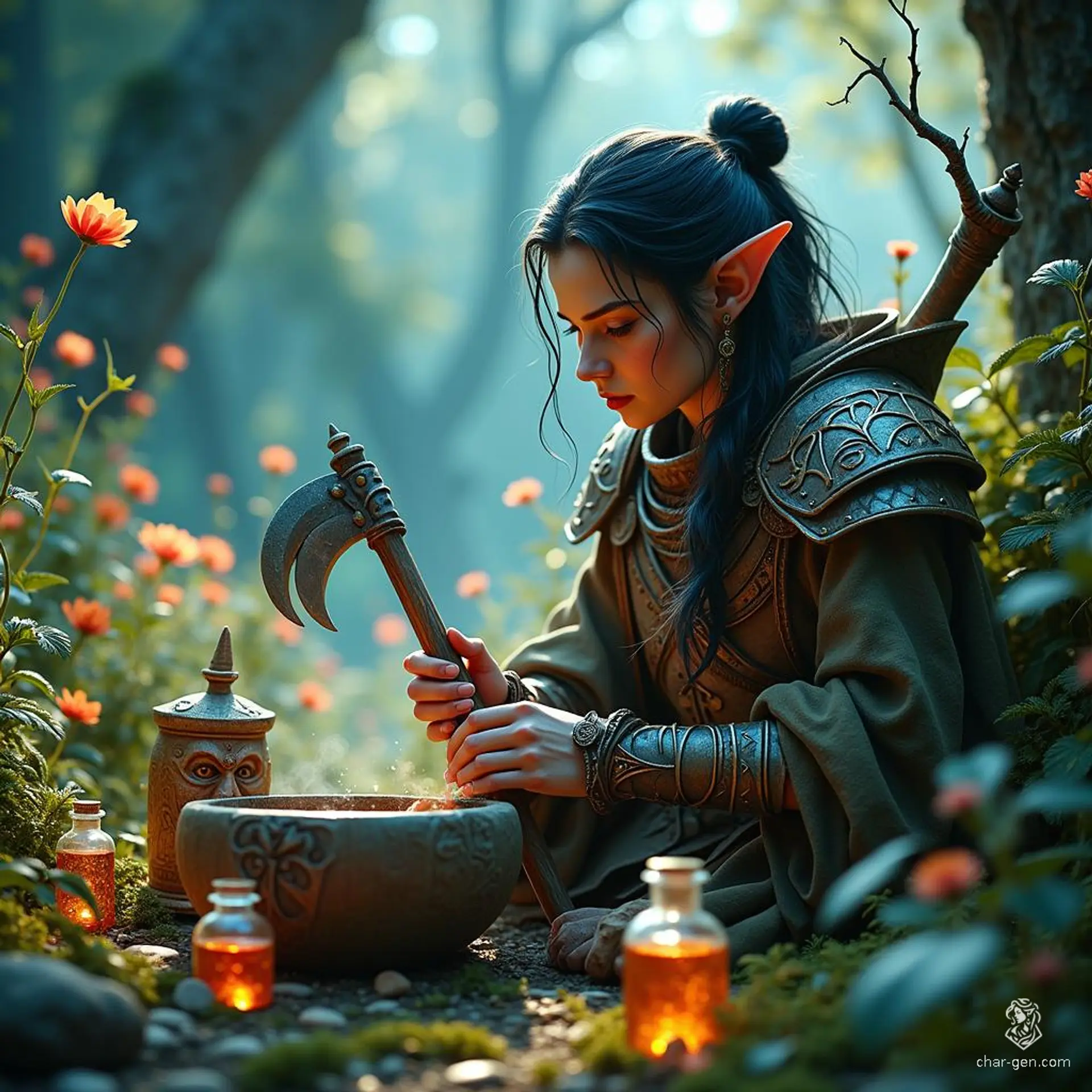 Meet Elion, a male wood elf druid with fair skin and striking midnight black hair. Surrounded by dried herbs and potions, he skillfully blends natural remedies. Armed with a moon sickle and a carved wooden shield, his light brown eyes reflect a deep connection to the earth and its creatures.