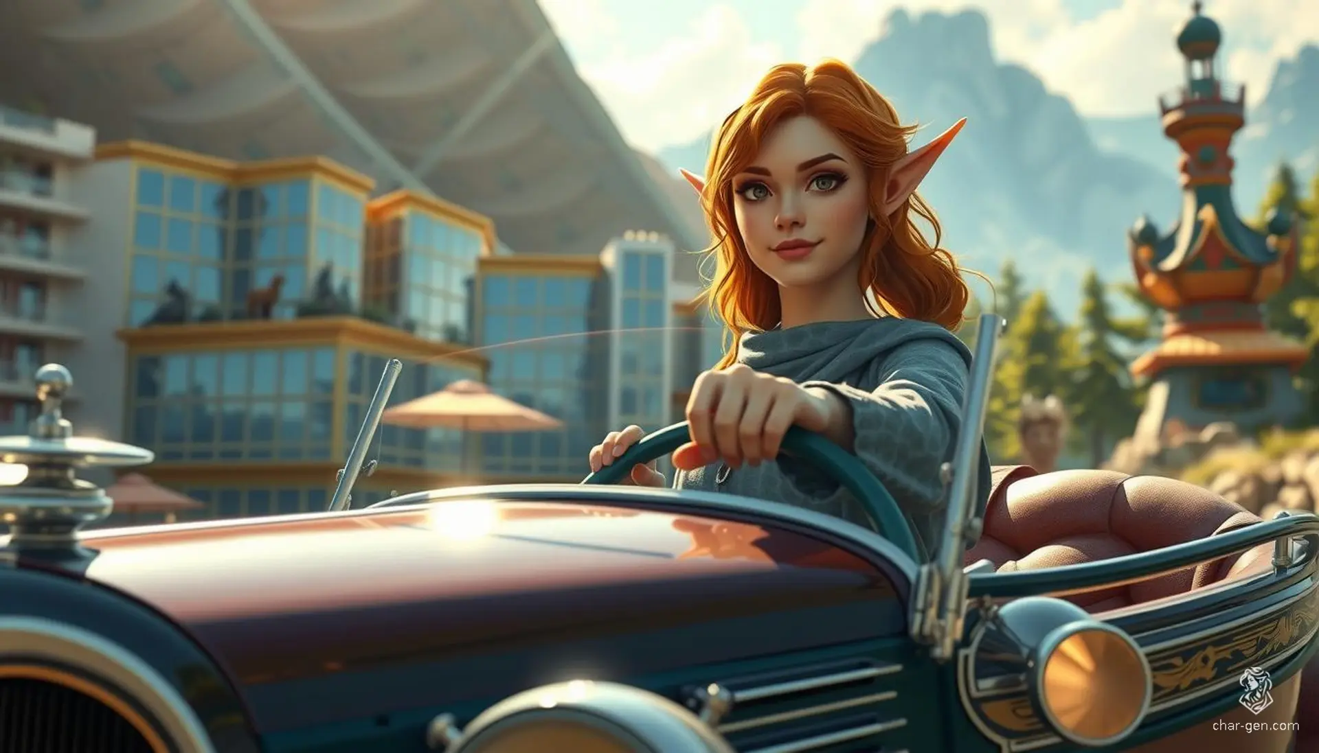 A vibrant, lush forest stretches beneath an ephemeral sky, where a sleek, vintage 32 Ford Coup weaves through emerald canopies, driven by an enigmatic elf with silvery hair flowing like mist. The landscape is a dazzling tapestry of nature and vintage charm, every leaf and shadow hyperrealistically detailed.