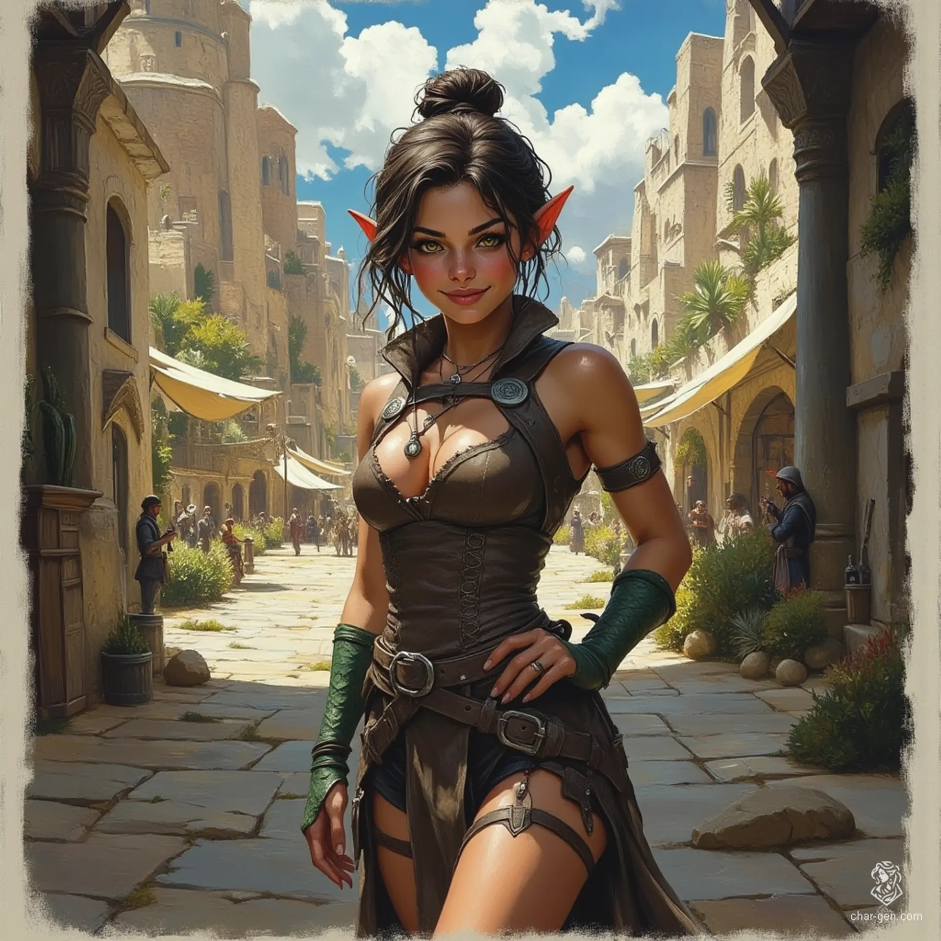 Izzy, a perky young halfling assassin, blends lethal beauty with a dangerous intellect. Standing 1.5 meters tall, her snake-like yellow-green eyes and green snake-scale tattoos hint at her lethal expertise. Dressed in a snug brown leather tunic, she lurks in shadows, ready to strike with her concealed daggers.