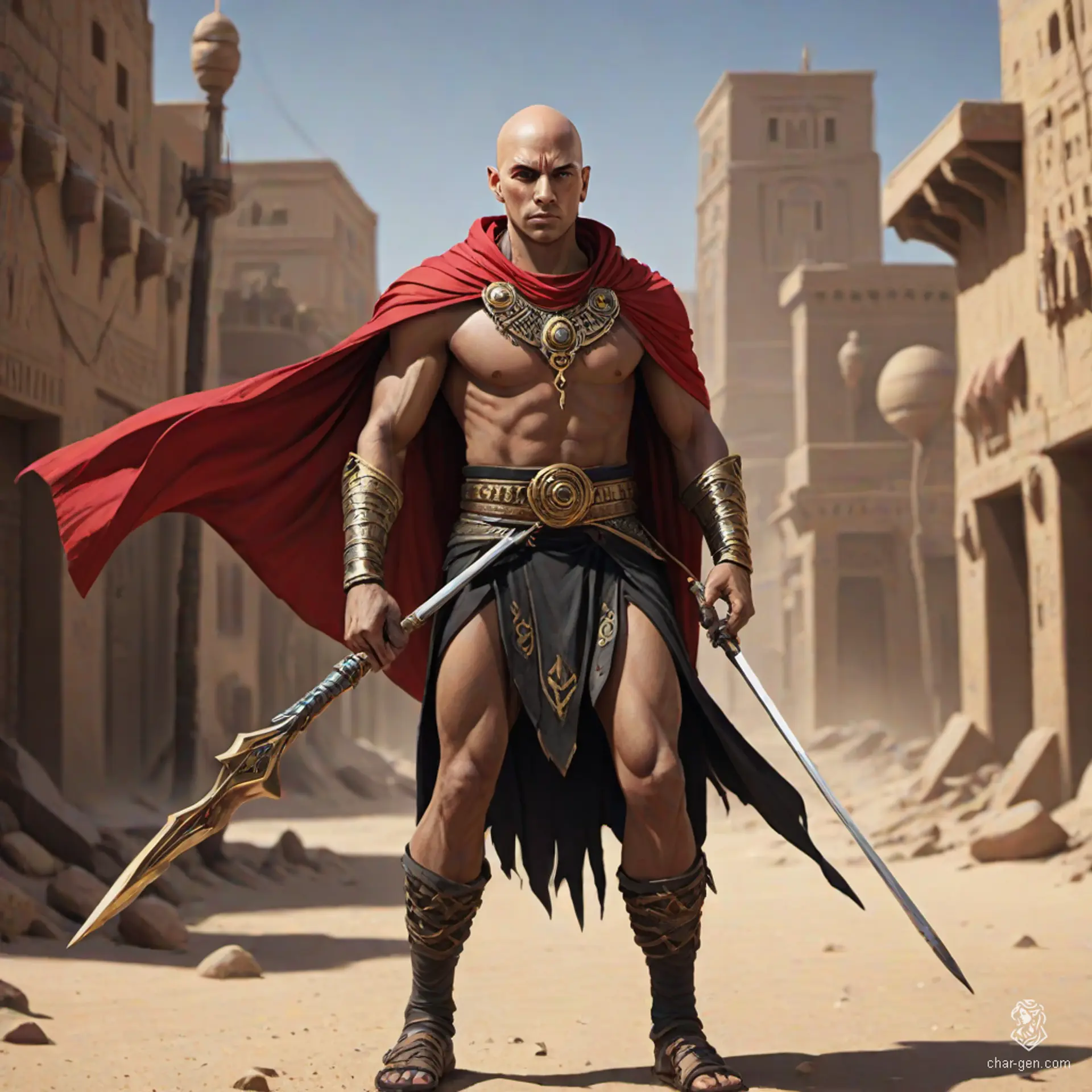 A bald Egyptian warrior clad in a shimmering mithril chain shirt and a flowing black and red cape, he commands respect in his desert town. Armed with a formidable spear, his presence evokes both mystery and strength, reminiscent of a darkly animated 70s fantasy realm.