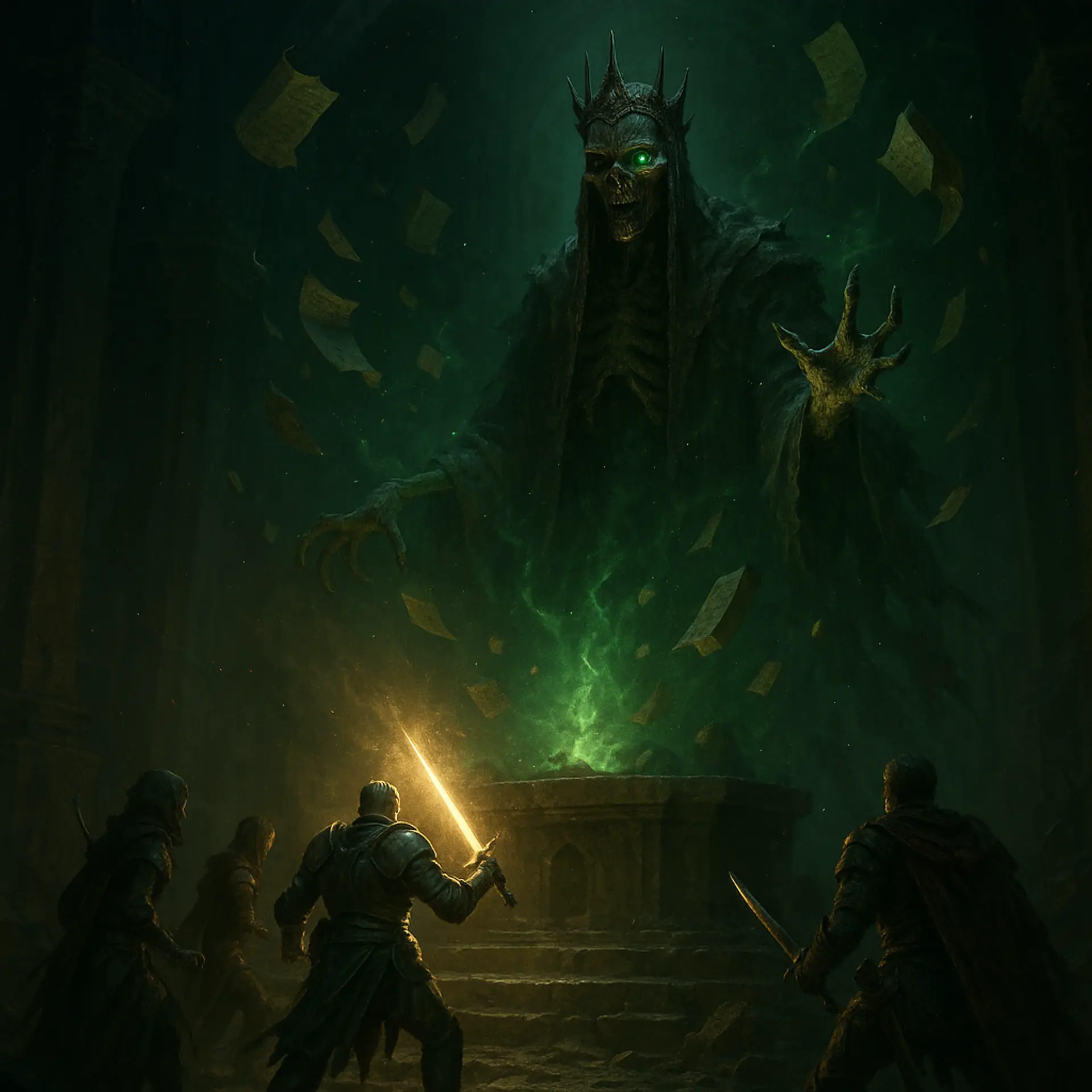 In a dark temple bathed in necrotic green light, the skeletal lich god Vecna hovers above a desecrated altar, his glowing eye and raised hand wielding dark magic. A party of heroes faces him, with a paladin stepping forward, radiating holy light amid the tense, arcane standoff.