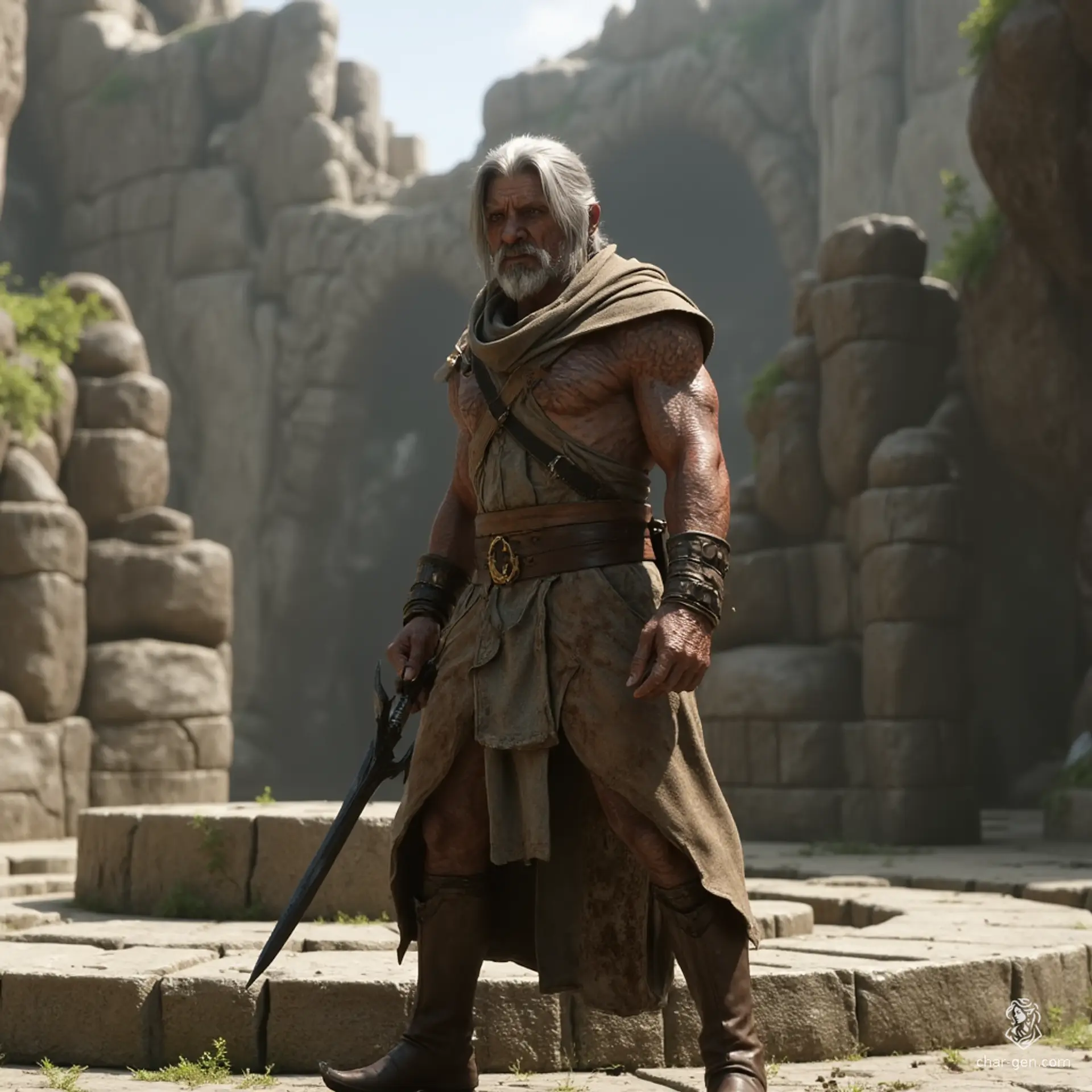 Tancrede, a weathered 55-year-old human warrior, blends the skills of a fighter, ranger, and rogue. With a shortsword in hand and a keen eye for nature, he embodies resilience and intelligence. Haunted by past tragedies, he tracks dragons while uncovering the truth behind a young hero's legacy.