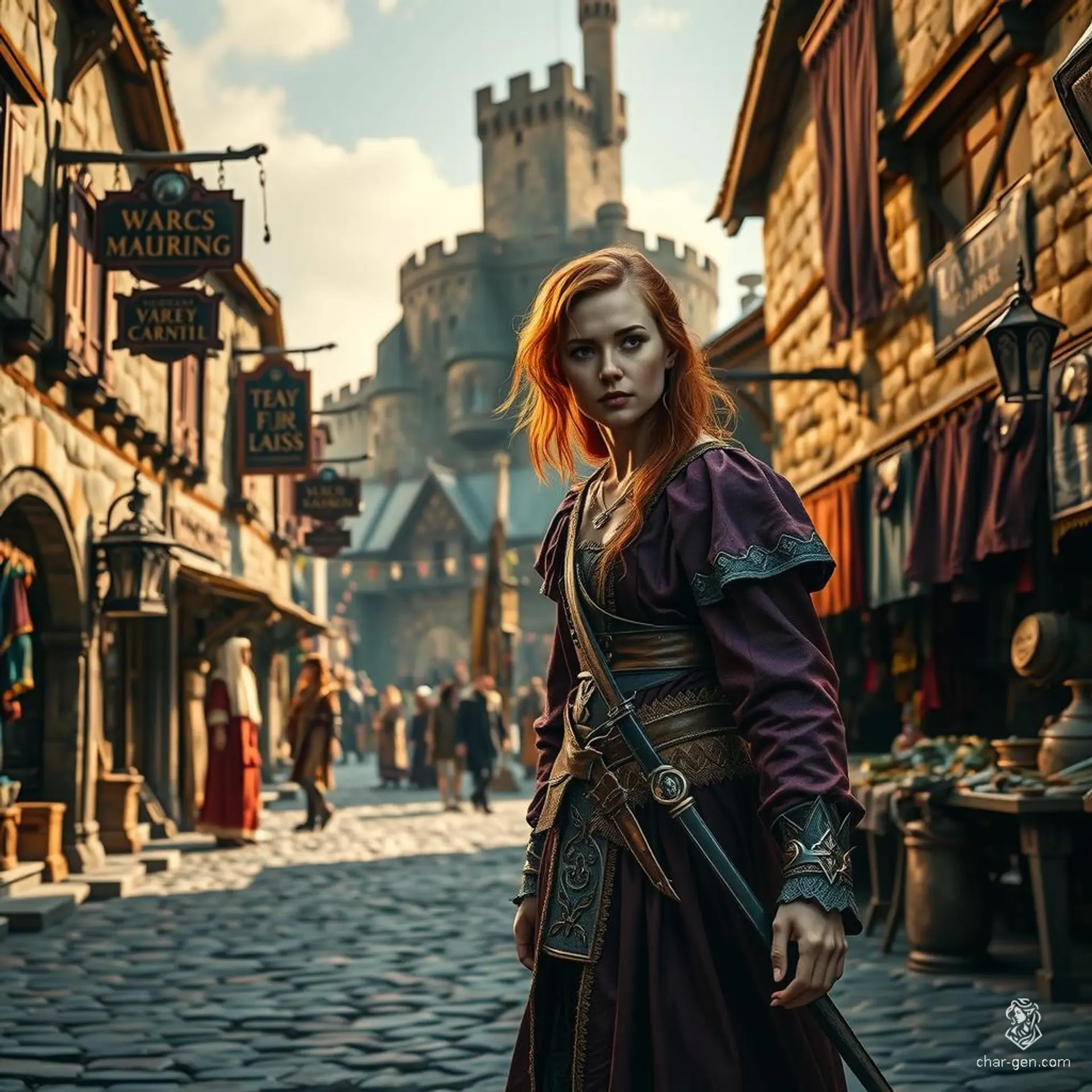 In a vibrant medieval town, cobblestone streets wind through enchanting stone buildings. A 22-year-old woman with flowing copper hair and a regal purple dress walks gracefully, her presence adding a touch of ethereal charm to the bustling, high-detail scene.