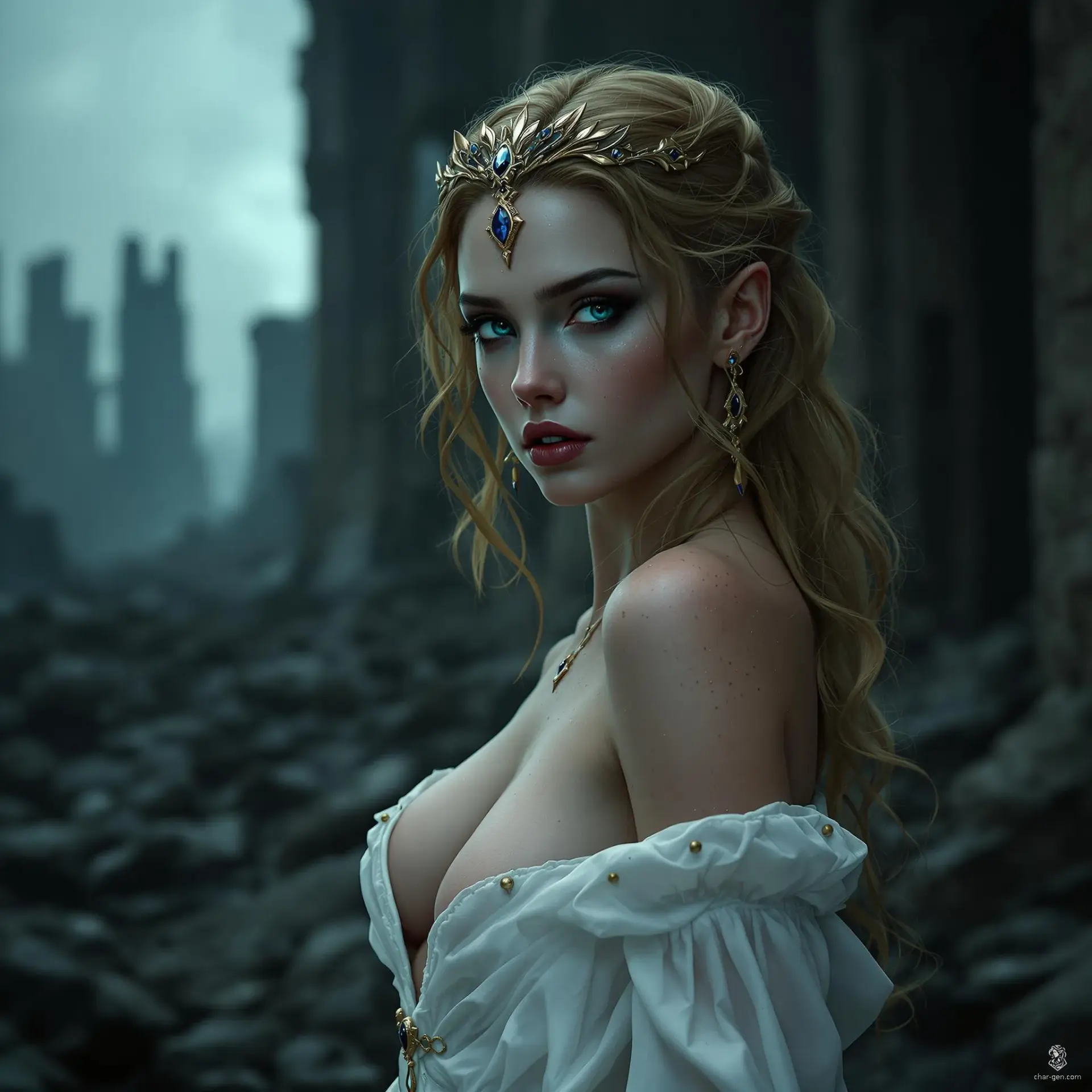 Feyre is a striking figure, slender with pale skin decorated in freckles, golden-brown hair, and enchanting blue-grey eyes. Her beauty is both regal and wild, adorned in a sheer, gossamer dress that accentuates her curves and a tattoo on her forearm. She embodies strength and allure, a captivating presence.