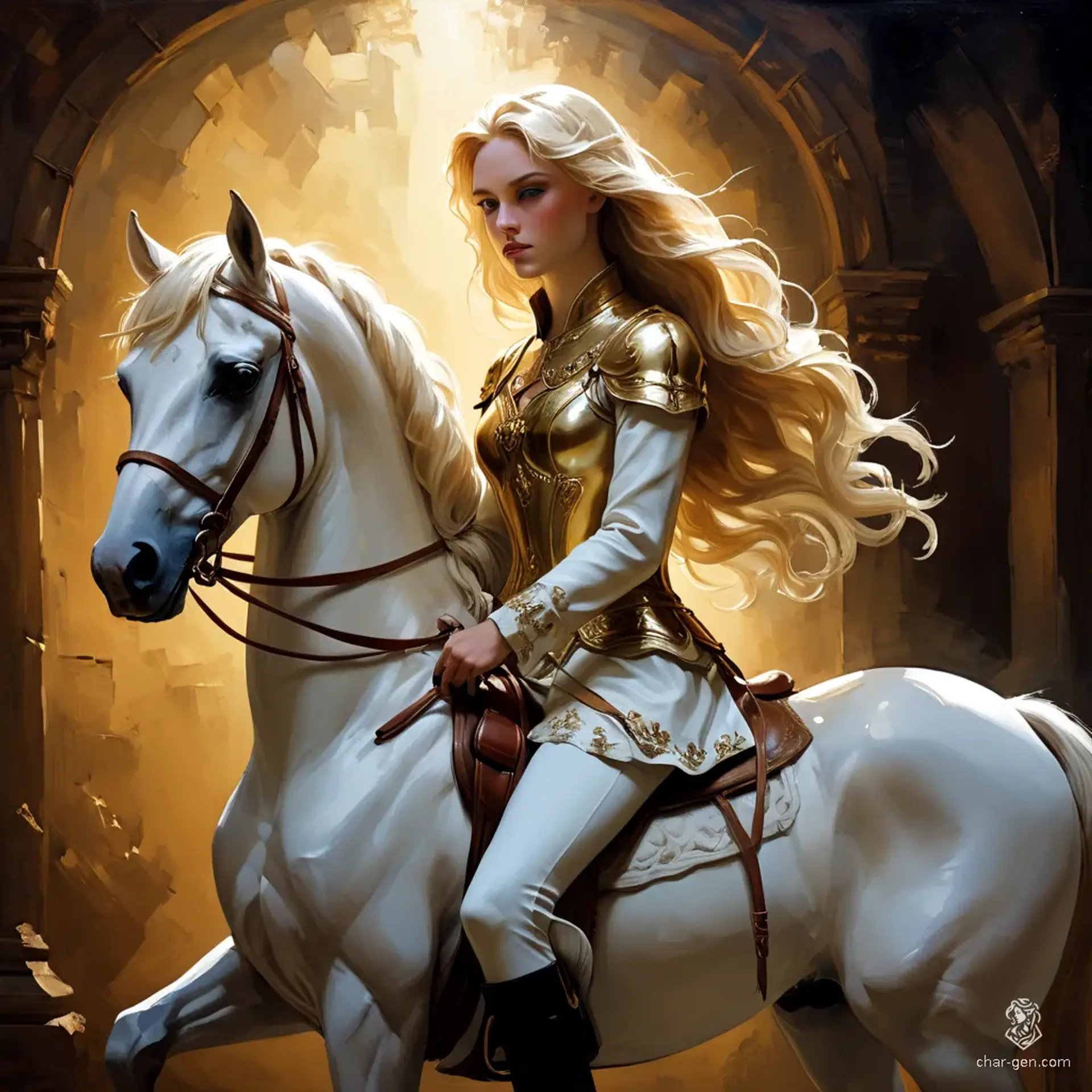 Lady Godiva’s portrayal captures a timeless legend—her fearless ride cloaked only by flowing golden hair. This oil painting radiates with vibrant hues and deep shadows, as if the courage and silent defiance of the noble heroine live within the rich textures and luminous highlights of the canvas.