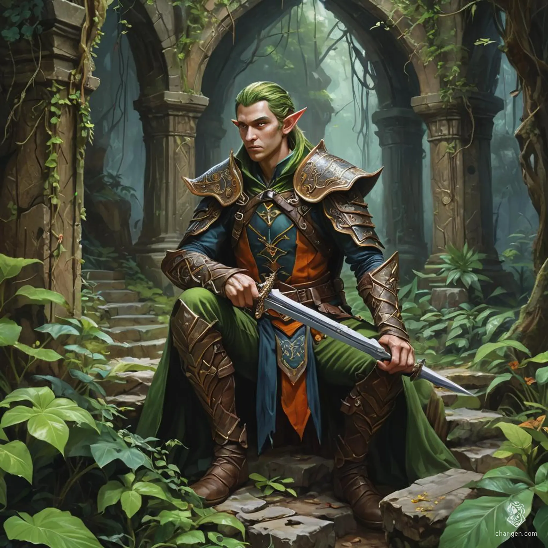 HenryKartoffelsalat's Warlock is a high elf sage with +2 charm, surrounded by an aura of magic and arcane sigils. Clad in intricately detailed leather armor, they grip a dagger firmly, exuding both elegance and menace. Their medium build and striking presence make them unforgettable.