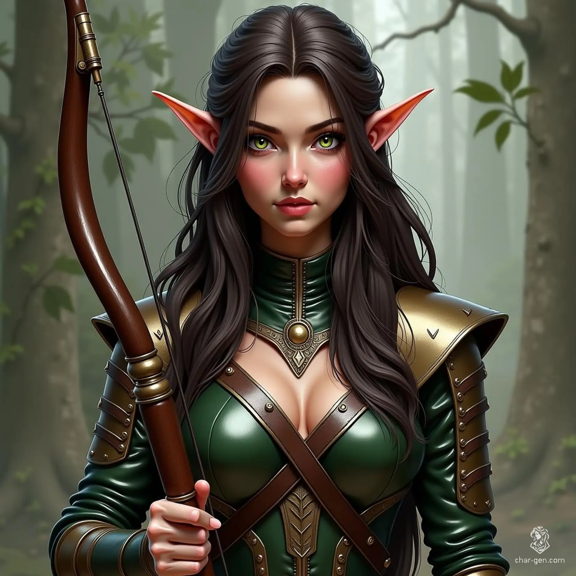 Elara, a formidable half-elf blood hunter, wields her longbow with deadly precision. Her understated armor complements her muscular frame, while her dark brown hair cascades down her back. With striking green eyes and subtly pointed ears, she strikes a perfect balance between elegance and strength in her relentless pursuit of justice.
