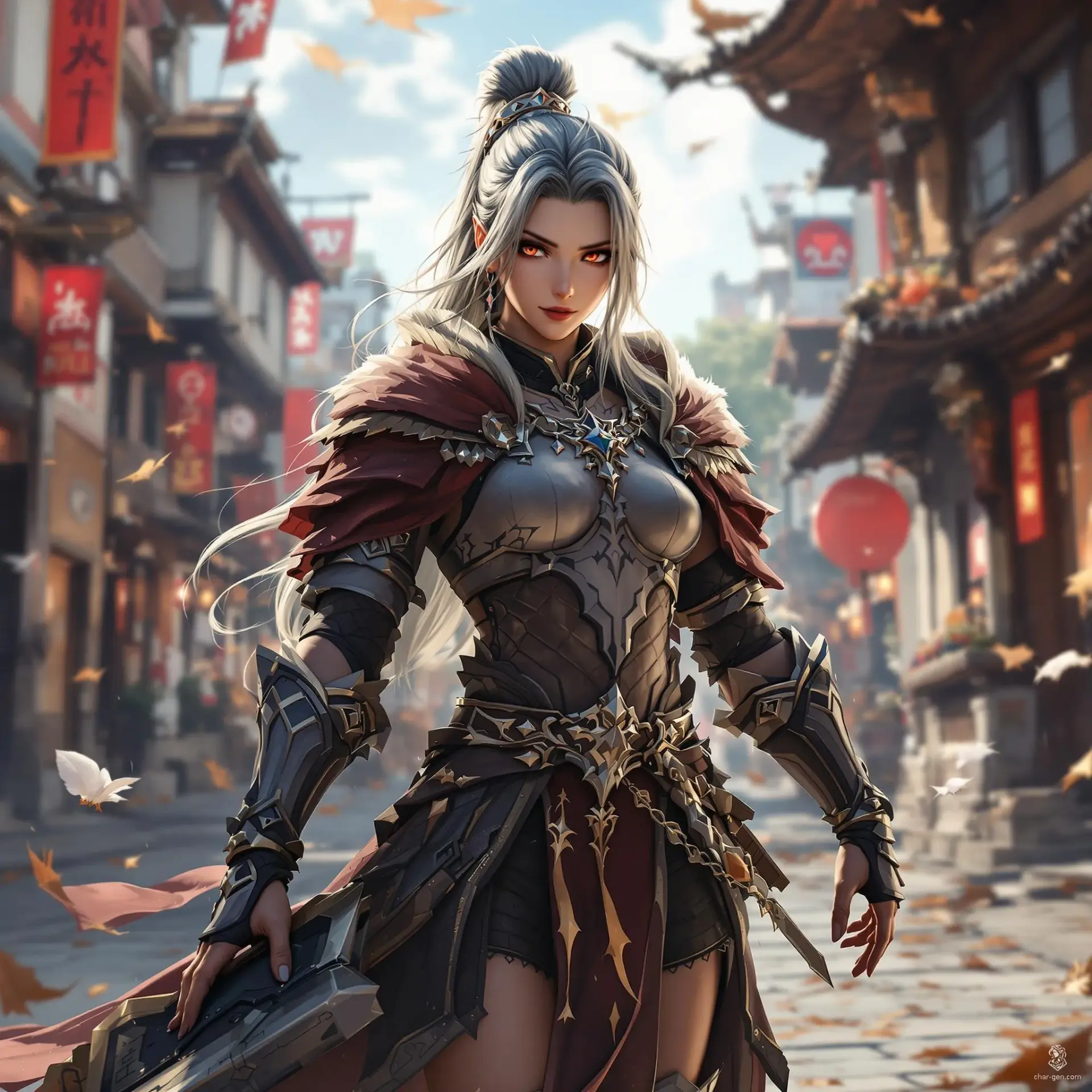 A striking medieval fantasy anime character rendered in ultra-realistic 4K HDR detail, showcasing perfect anatomy and textured skin. Captured in a dynamic full-body pose against a bustling city backdrop, this cinematic digital artwork brings vibrant life and depth to the heroic figure.