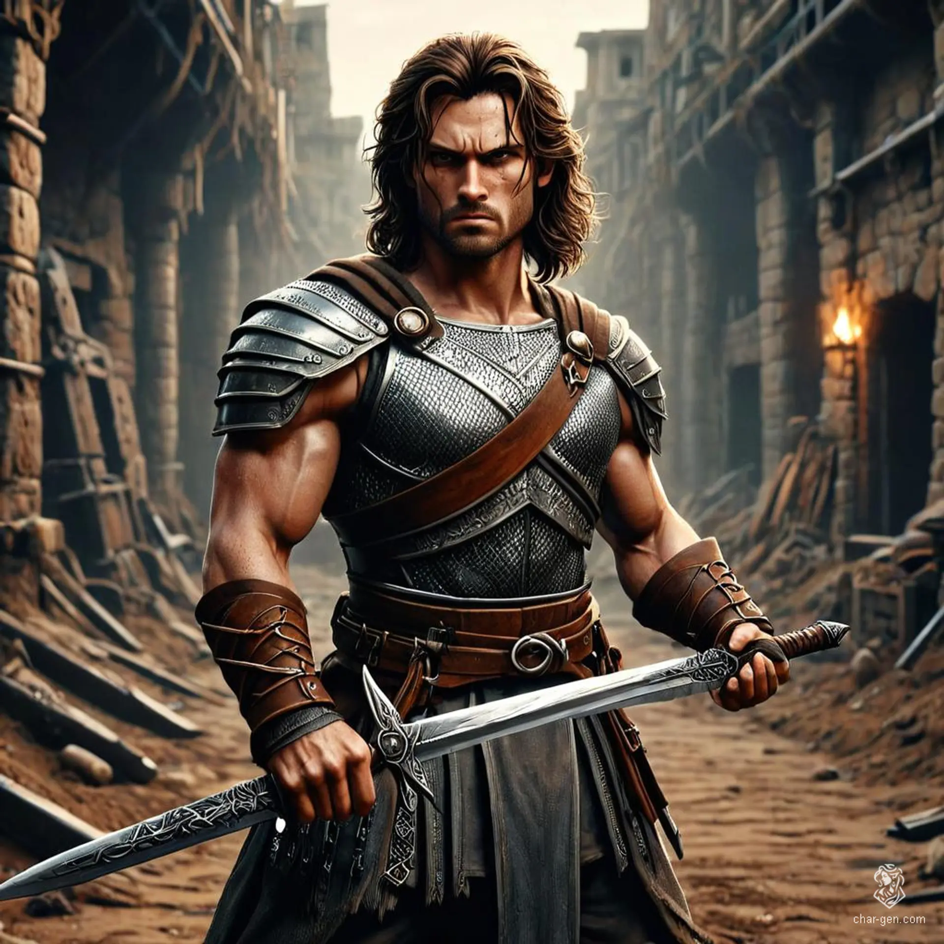 Errkin is a confident human fighter, wielding a prominently featured longsword. Strong and hardy (+2), he stands in intricately detailed chain mail. Medium build, his human features exude strength and resilience as he grips his weapon with expertise.