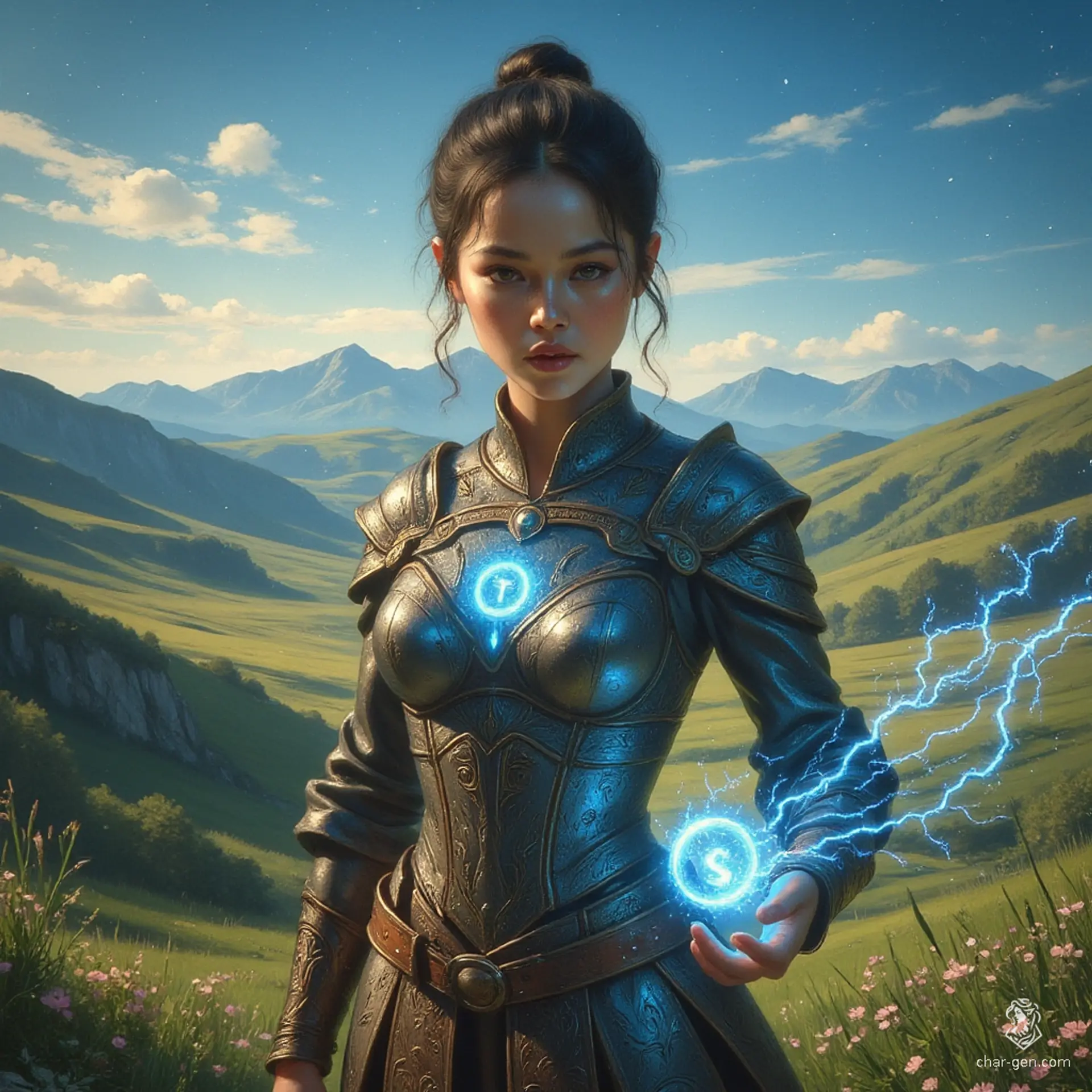 Jouli, a strikingly beautiful middle-aged investigator mage of East Asian descent, stands 5'4" in intricately embossed leather armor. Her fair skin shimmers in the sunlight as she traces a glowing blue rune, her pixie cut accentuating her bright, concerned eyes. A dedicated librarian among ancient texts, she embodies grace and strength.