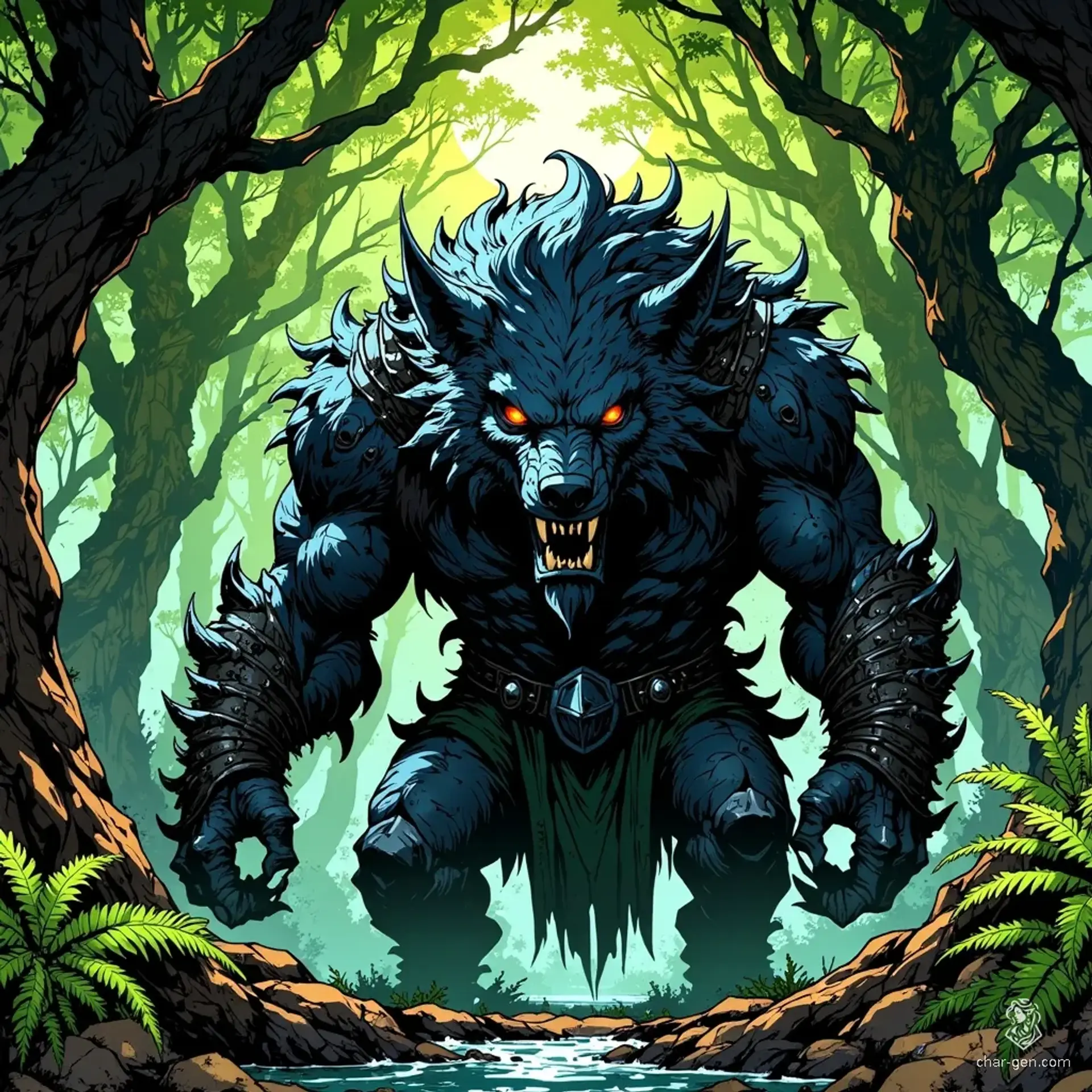 The Shadowbramble Wolf is a massive dire wolf, shrouded in shaggy dark fur and entwined with sinister vines and bramble thorns. Its deep, piercing eyes and menacing fangs evoke terror, while its distinct dark skin texture amplifies its fearsome presence in the twilight forest.