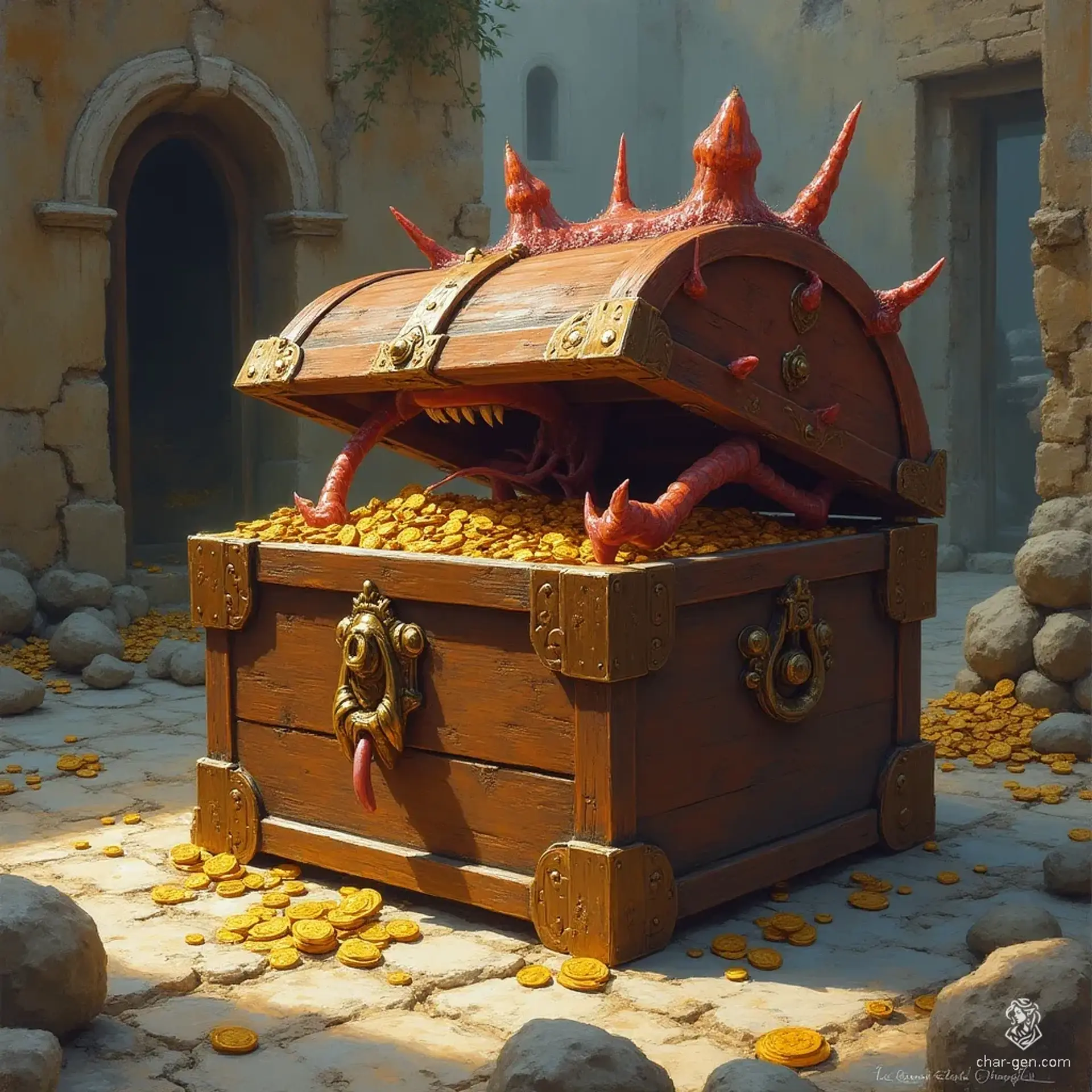 An ancient, finely carved wooden chest with gleaming copper reinforcements, its slightly open lid reveals sparkling gold and gems—yet hidden within is a forked tongue. This mimic’s tooth-filled maw and prehensile pseudopods lie in wait, ready to snare treasure hunters drawn to its deceptive allure.