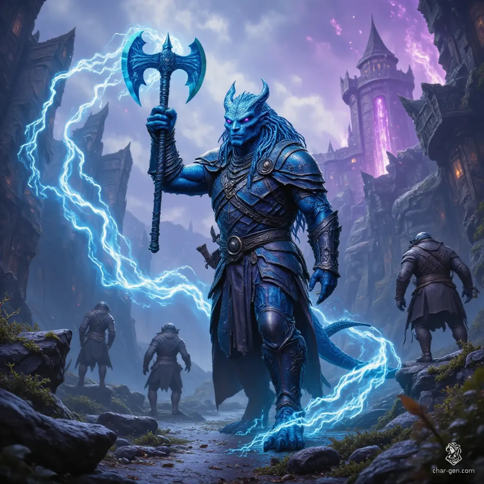 Boreck is a rugged, middle-aged Gem Dragonborn barbarian with translucent light blue skin and fierce purple eyes. Standing 6'5" and weighing 280 lbs, this hardy criminal and spy wields a greataxe with raw strength. His ancestral guardian conjures spirits, reflecting his deep-rooted history despite his lack of intelligence. 