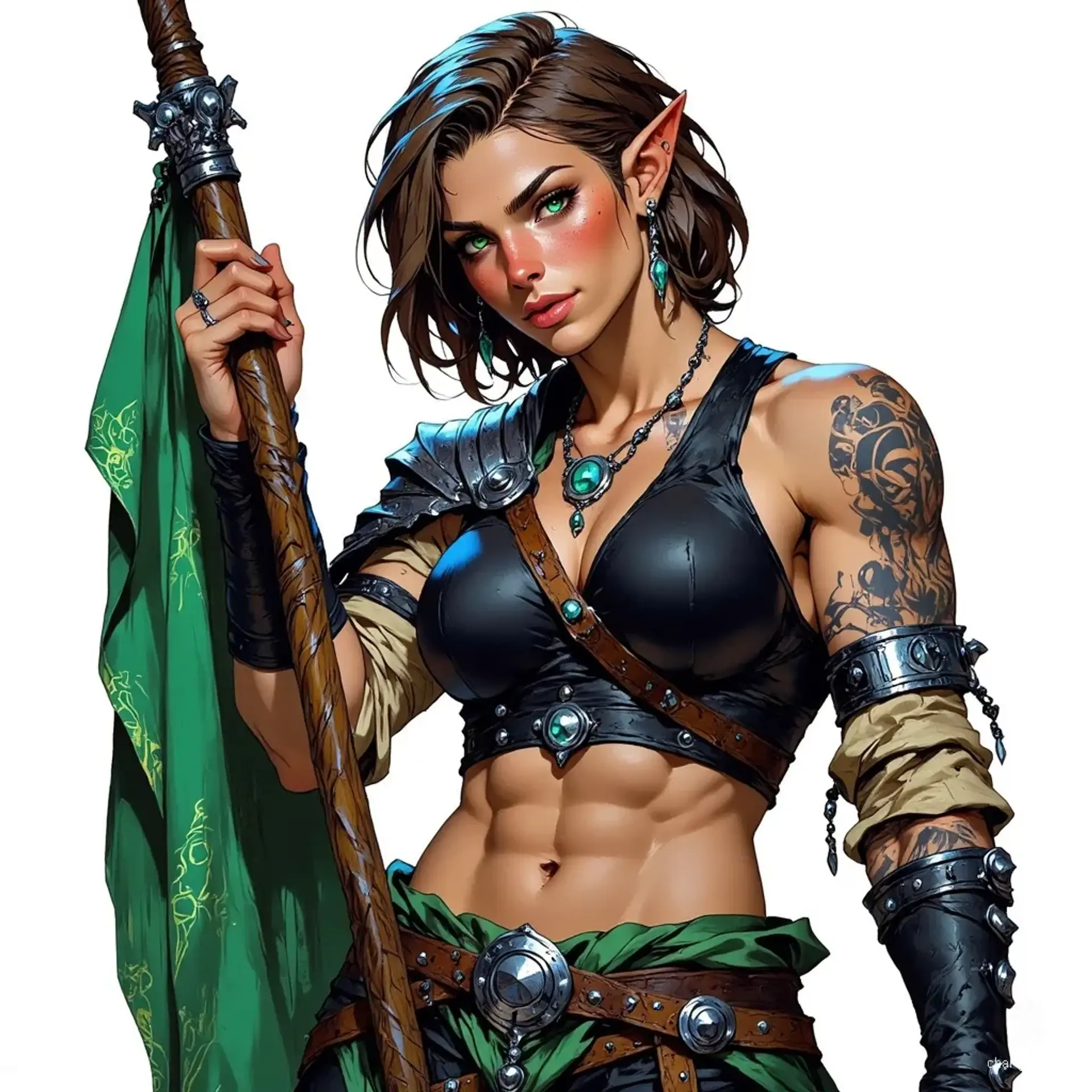 A strikingly attractive middle-aged elf monk, she embodies both grace and strength. Her short brown hair frames a tired face adorned with vibrant blue eyes and faint arm tattoos. Clad in fitted black monk attire that reveals her midriff and leg ribbons, she firmly holds a large green flag, symbolizing her dedication.