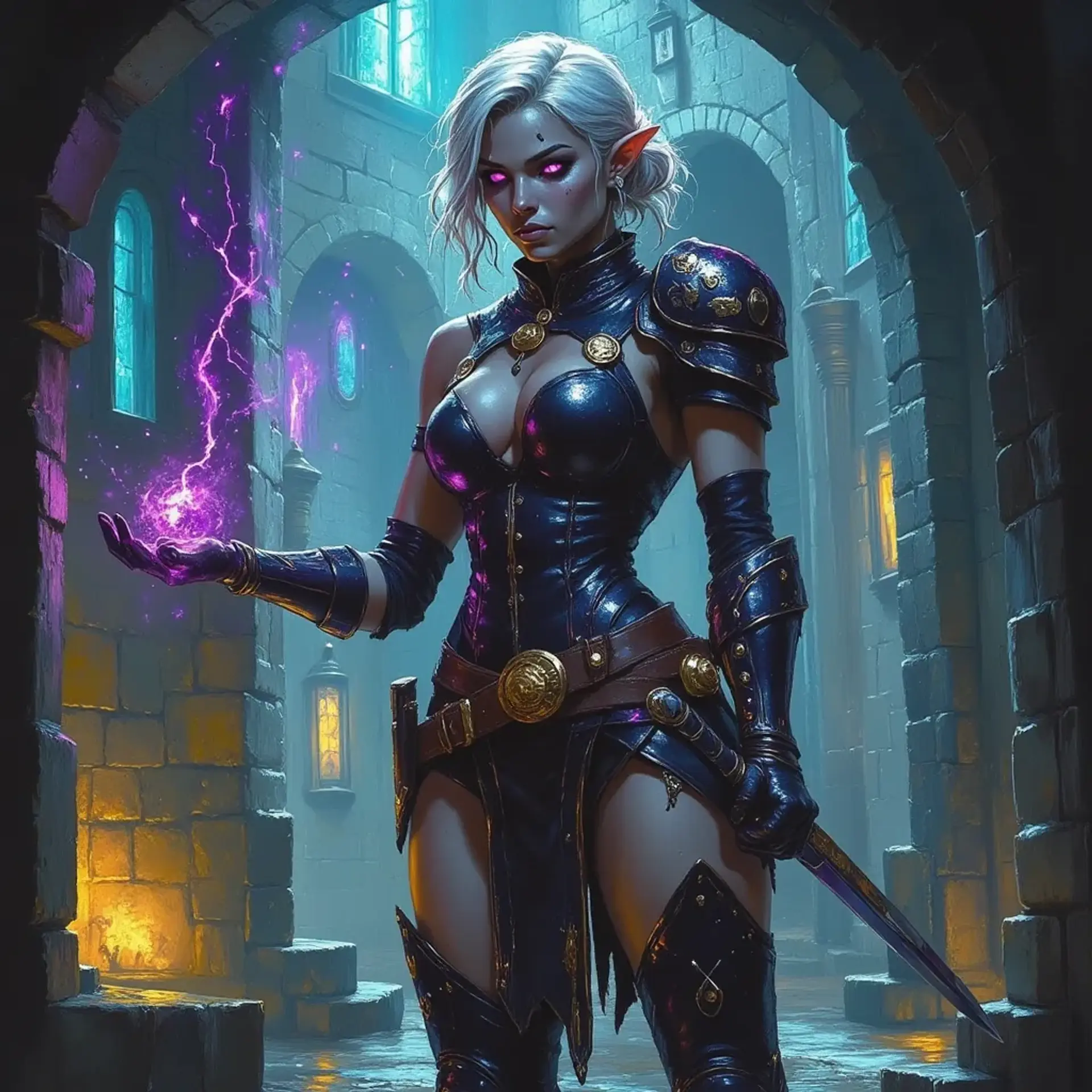 Ianthe Luheri, a tall fetchling courier, embodies the shadows of her ethereal realm. With gray skin, dark silver hair flowing like liquid night, and starlit eyes, she casts powerful shadow spells. Clad in rune-etched armor, she wields a shadowbound dagger, commanding the mysterious forces swirling around her.
