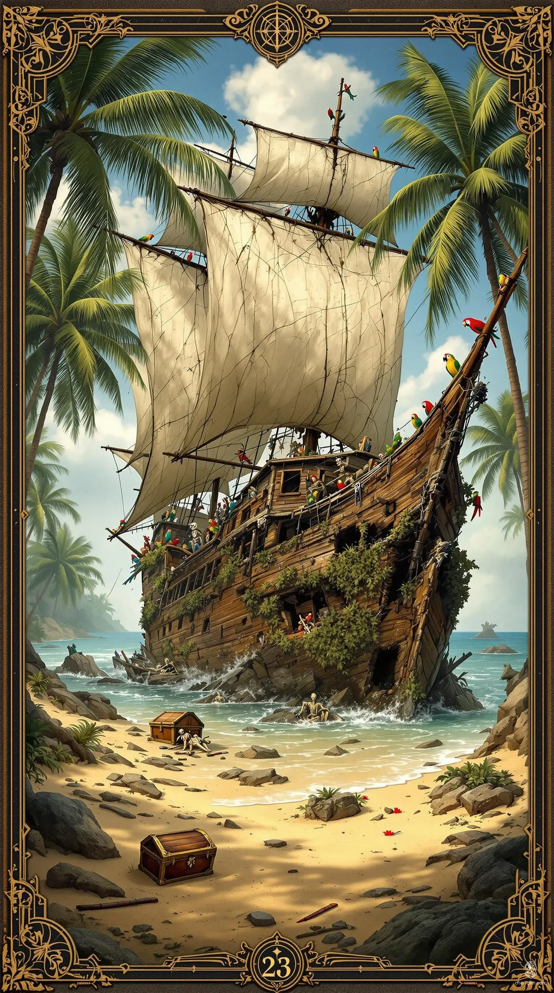 An ancient pirate ship, sunken in history, rests on a tropical beach