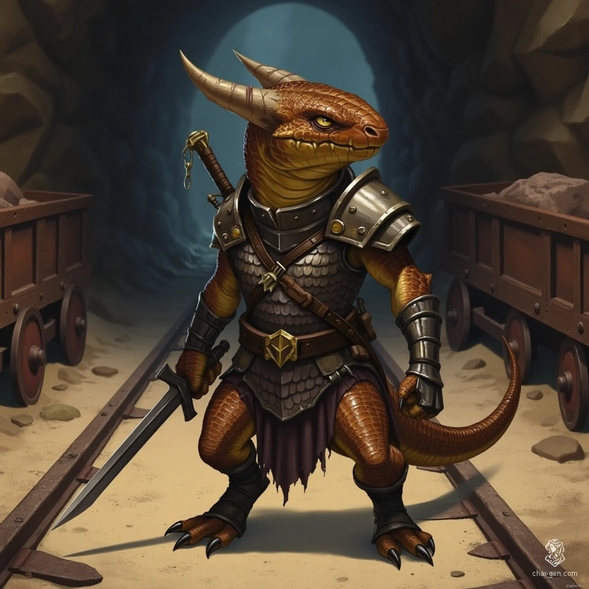 Krixix, a small yet formidable kobold, boasts dark brown and tan scaled skin, sharp pointed ears, and glinting yellow eyes. Clad in steel armor resembling enlarged scales, he wields a longsword and carries a crossbow, his muscular tail adding to his imposing presence.