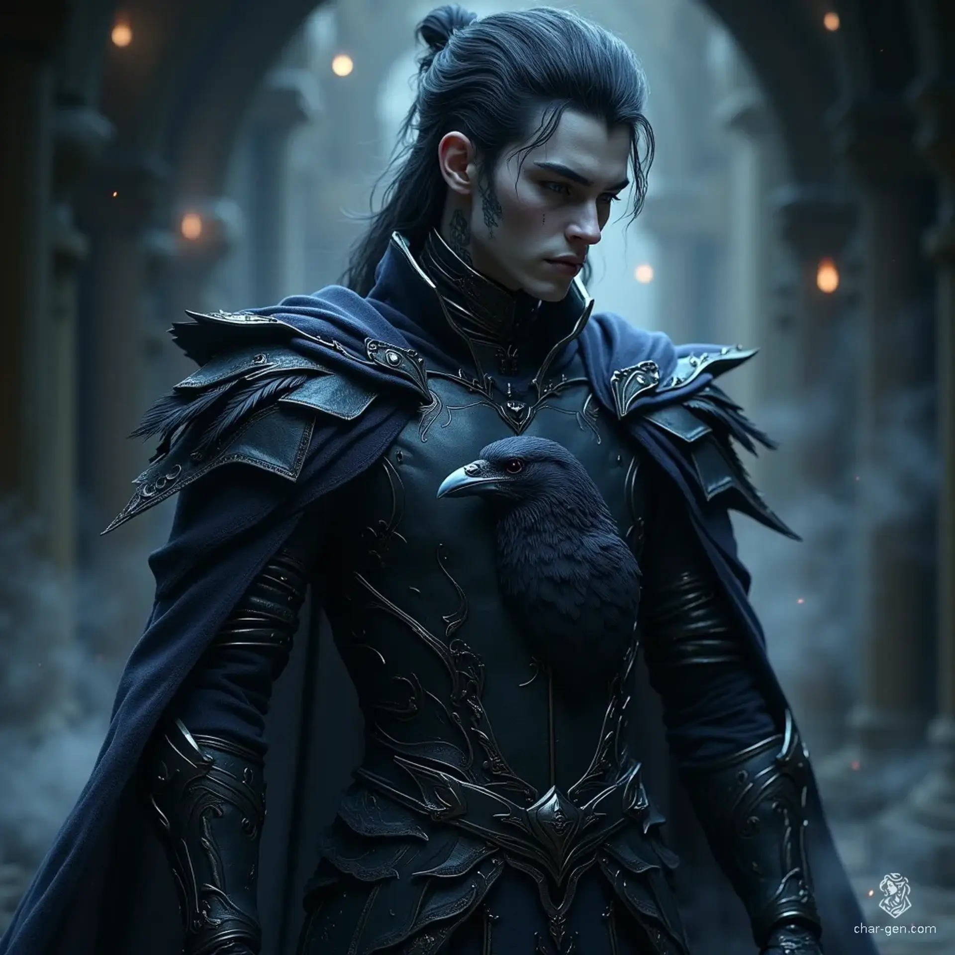 A male grey elf cleric devoted to the Raven Queen, he boasts dark hair with undercuts and simple face tattoos adorning his grey skin. Clad in black leather and mail armor etched with a raven's head, he commands shadows and wields the essence of death.