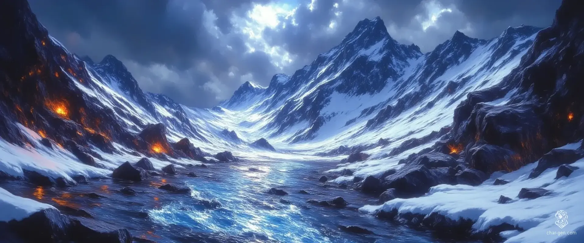 In a mystical winter realm, towering snow-capped mountains loom beneath a tempestuous sky, swirling with deep blues and purples. A partially frozen river winds through the foreground, mirroring the stormy palette, while vibrant hints of orange and red peek through the pristine blanket of snow, adding warmth to the icy scene.