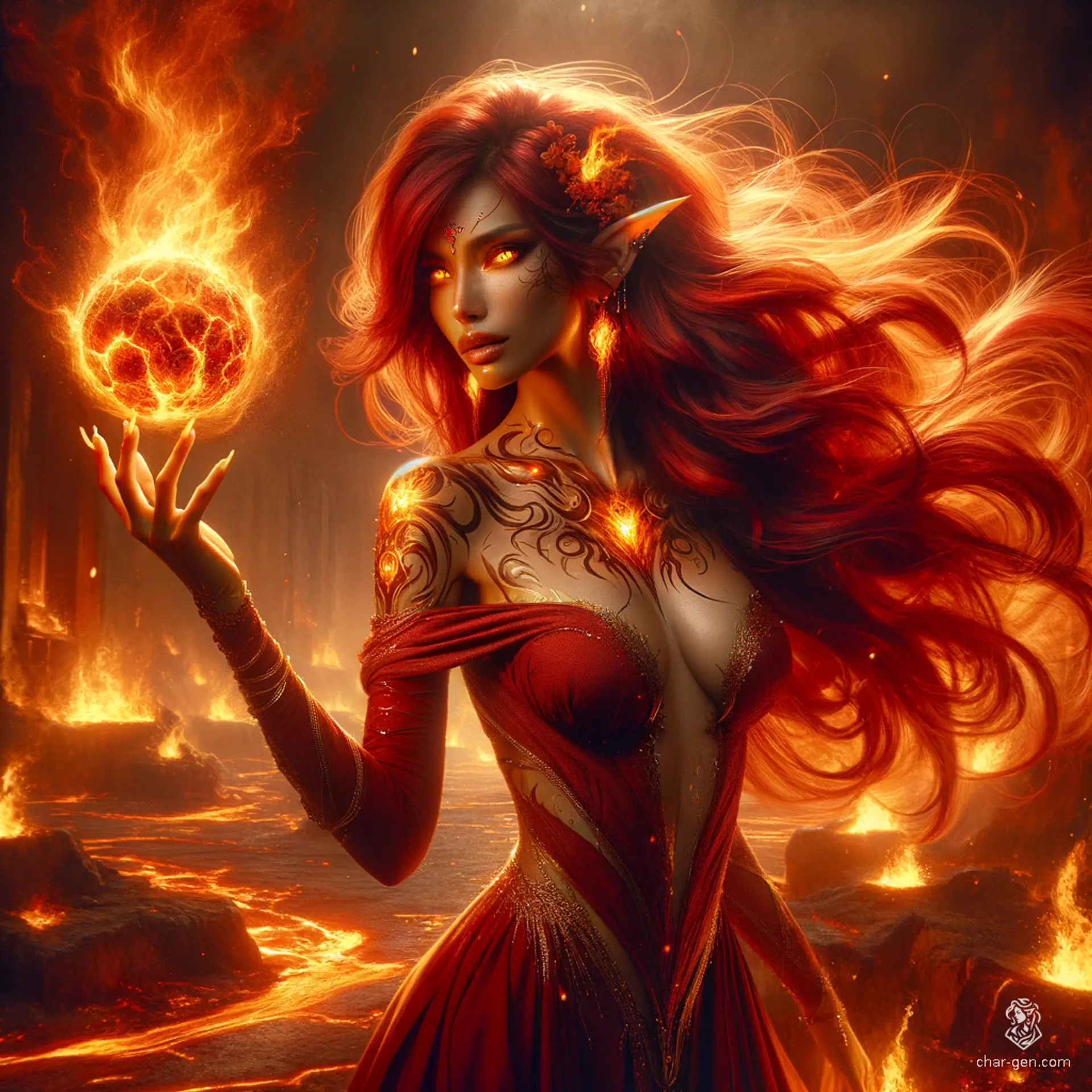 A striking female Elf with fiery red hair flowing like flames down her back, radiates intense energy. Her burning eyes match her commanding power. Clad in a tight, crimson gown with gold accents, she channels heat through glowing tattoos. The ruins around her blaze, molten lava seeping through cracks.