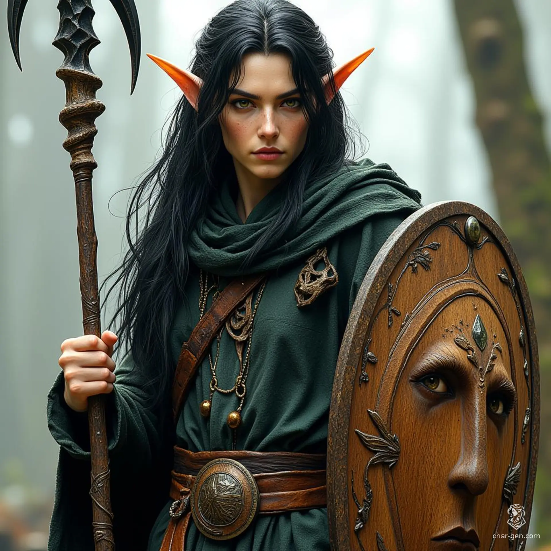 A male wood elf druid, known for his striking black hair and light brown eyes, blends seamlessly with nature. Clad in leather, he wields a moon sickle and a wooden shield adorned with a mystical carved face, embodying the spirit of the forest.