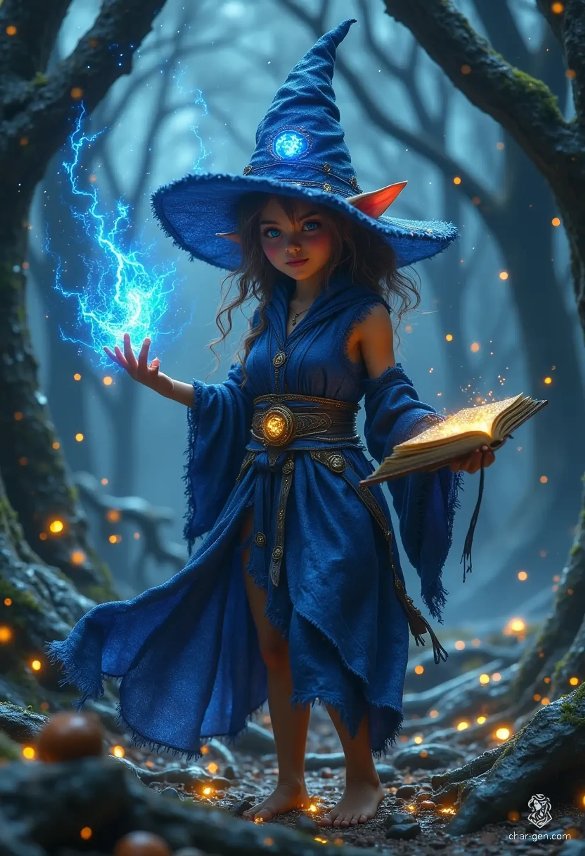 Meet Lirael, a cheerful halfling wizard adorned in dark blue, sleeveless robes that shimmer with arcane sigils. Barefoot and vibrant, her tan skin contrasts beautifully with her brunette ponytail. Clutching a magical tome, she radiates enchanting energy, always ready for an adventure.