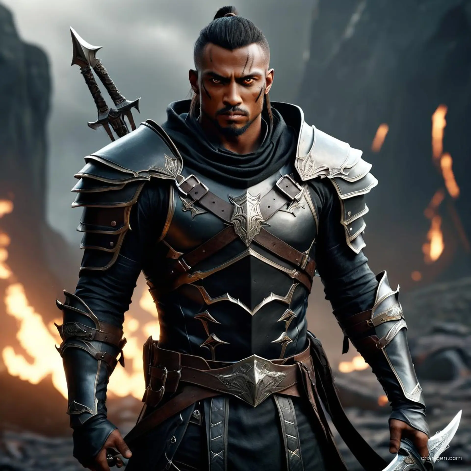A confident male Aasimar stands poised on the battlefield, emanating a subtle holy glow. His unusual-colored eyes pierce through the darkness as he lurks in the shadows. An angelic yet dangerous Ranger-Assassin, he is dressed in dark leather armor, with a muscular build and hair in a ponytail, ready to strike with concealed daggers.
