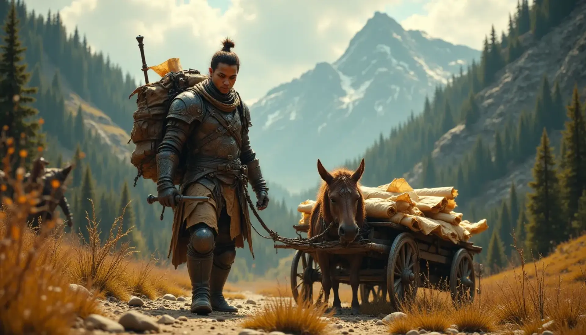 A confident young male kender fighter with a top knot, skilled in a variety of weapons and cartography. Playful and curious, he charts unknown lands surrounded by rolled parchments and compasses, his medium-toned skin reflecting a bold and adventurous spirit.