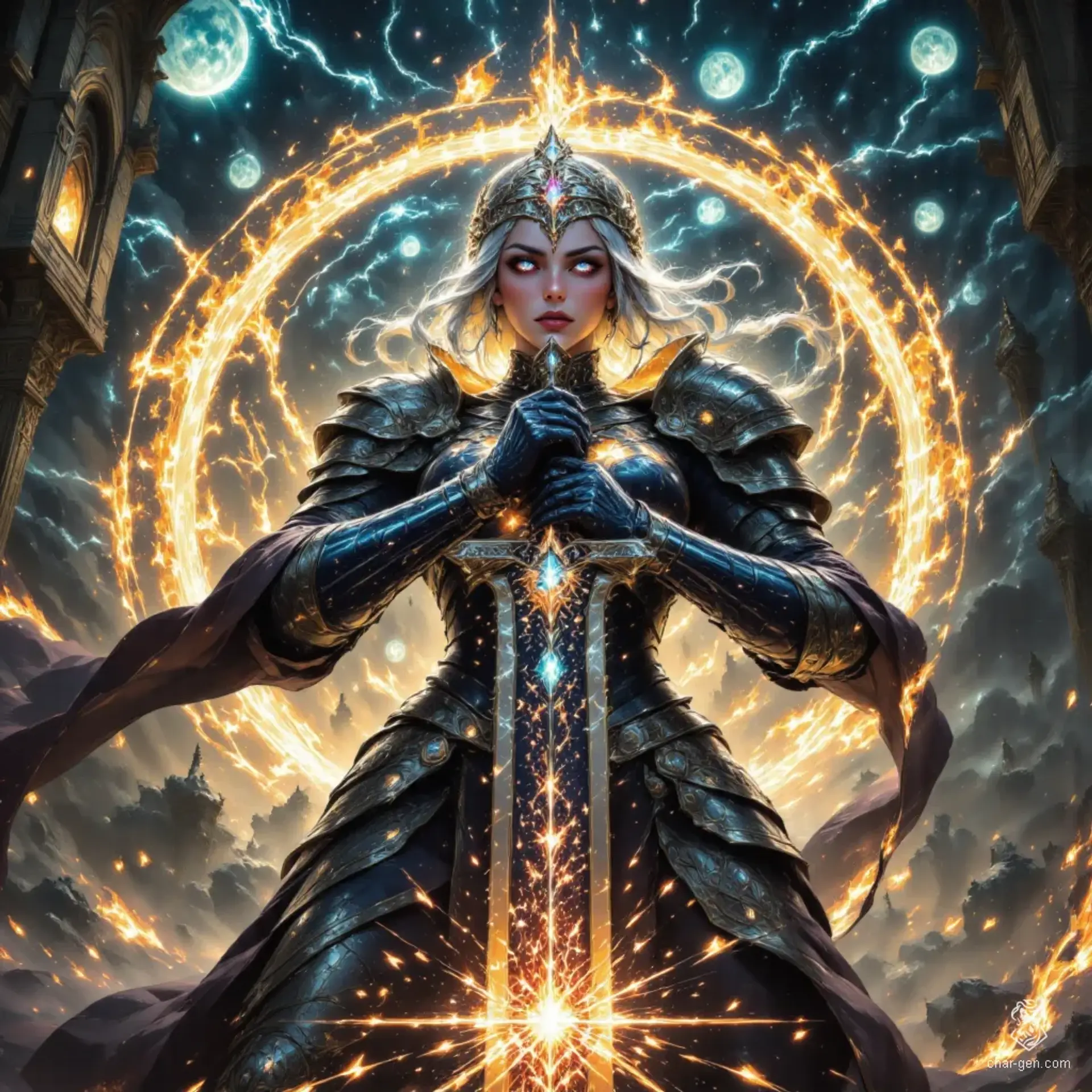 Once a devout paladin, this vengeful human seeks justice clad in molten silver armor that glows with holy light. His striking azure eyes reveal determination and sorrow, while his great sword, embedded in the ground, symbolizes unwavering resolve. A beacon of retribution, he stands against the encroaching darkness, embodying vengeance and redemption.