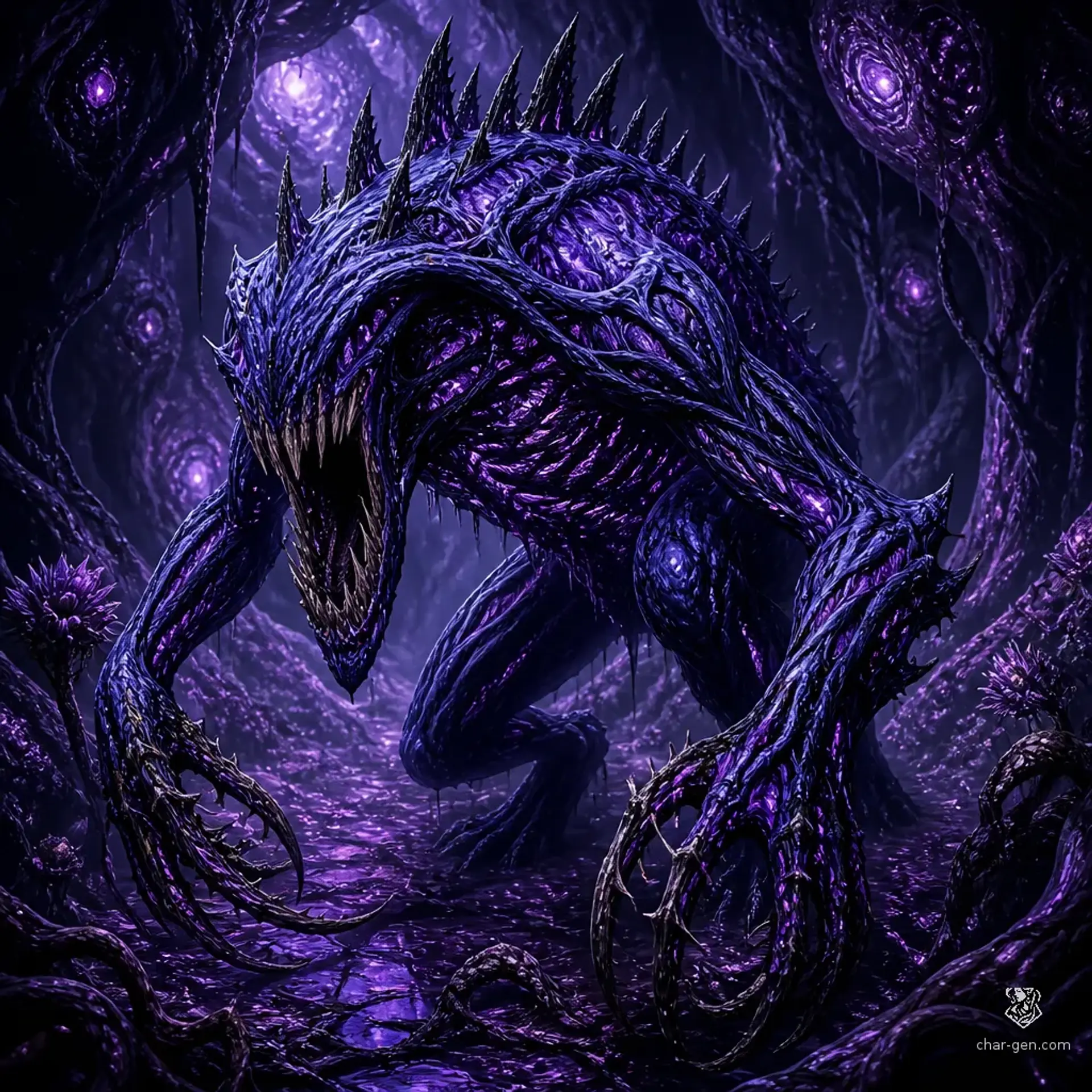Violet Root-Mantis - AI-generated fantasy Monster