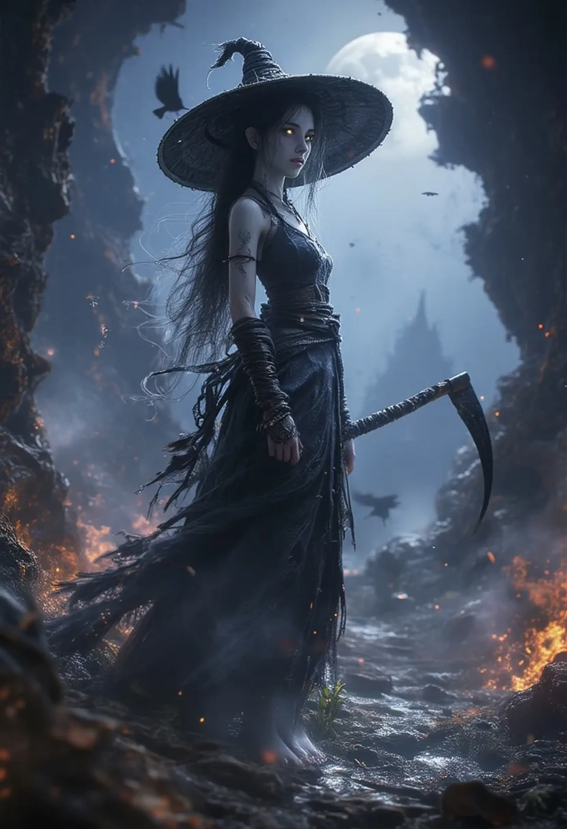 Branwen Umbra is an ancient, enigmatic sorcerer-cleric whose alabaster skin shimmers like moonlight. With swirling silver-black eyes, writhing onyx hair, and a scythe in hand, she silently tends ravens and wields potent magic shaped by centuries of Feywild enslavement and sorrow.