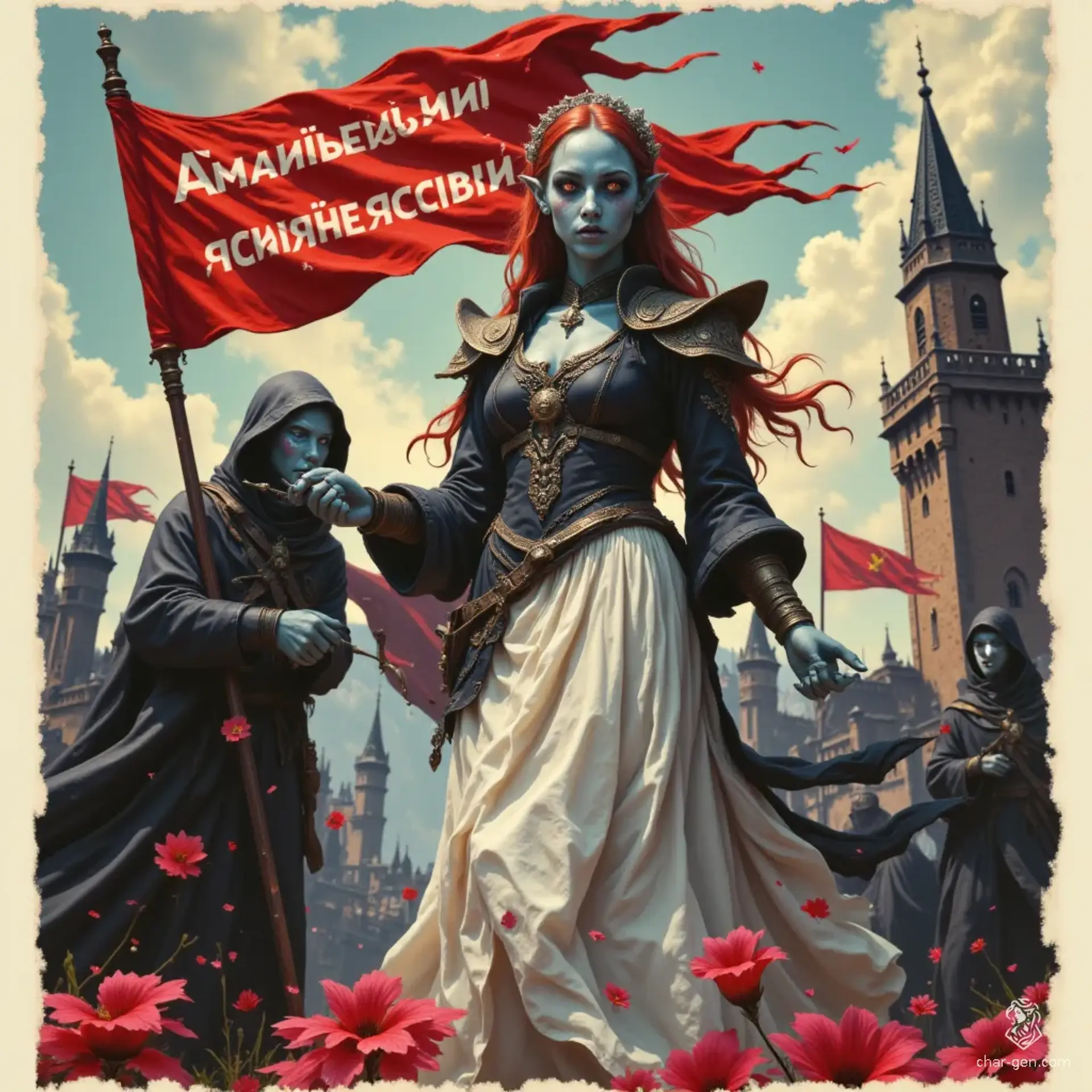 Arahanu Trebor Shibaltin, known as Azuru, is a young drow ranger-bard with grey skin and striking red hair, captured in a 1940s Soviet propaganda poster, energetically waving a bold red flag inscribed with ‘Американская свинья-собака.’ Her powerful stance amidst muted browns and blacks highlights her rebellious spirit and complex heritage.