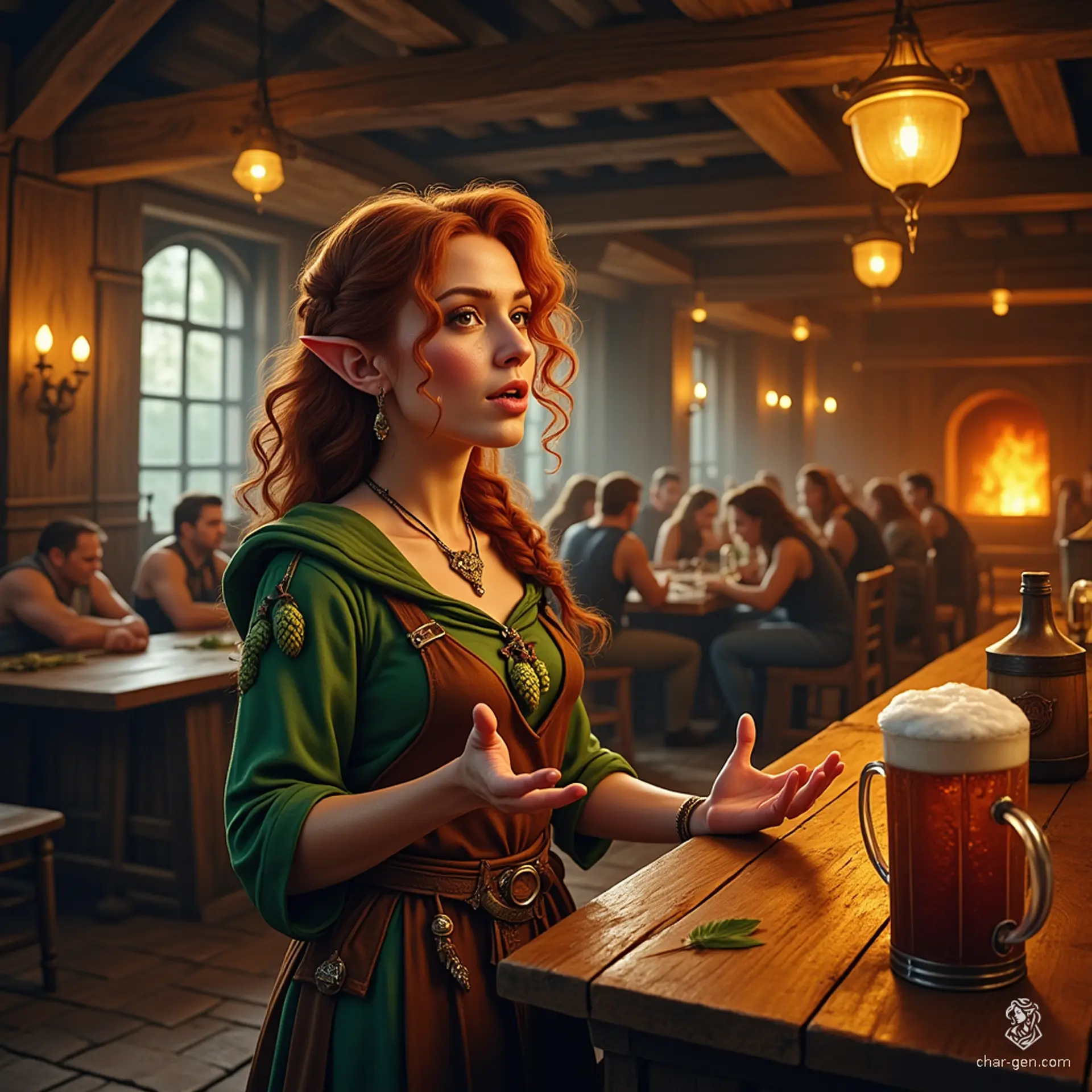 Mira Goldleaf, the enchanting halfling tavern keeper, embodies warmth and charm in her bustling tavern. With her curly auburn hair, hazel eyes glinting with mischief, and a cozy dress adorned with nature's motifs, she welcomes all with a bright smile and captivating tales, creating a haven of comfort and community.