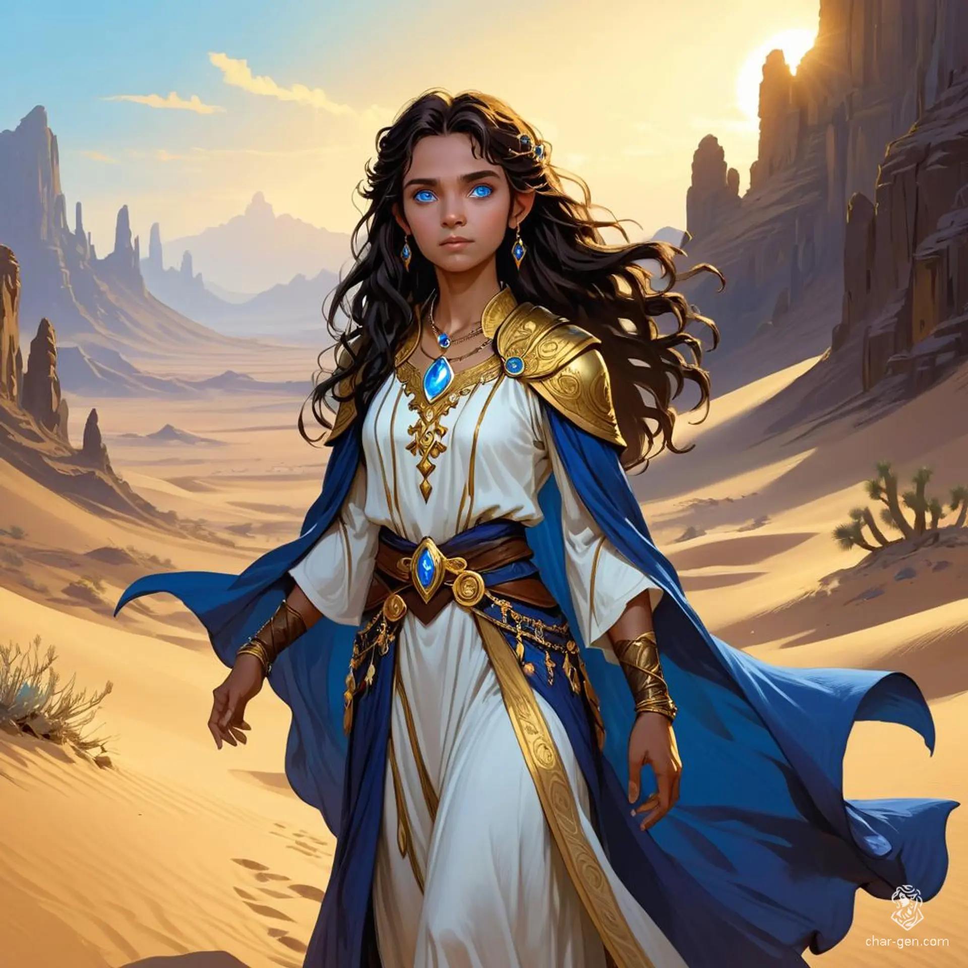 In the heart of the desert, a tan-skinned, beautiful halfling twilight cleric stands. With long, dark wavy hair, bright blue eyes, and delicate gold jewelry, she radiates ethereal grace in her elegant, gold-embellished robes, guiding lost souls through shadows.