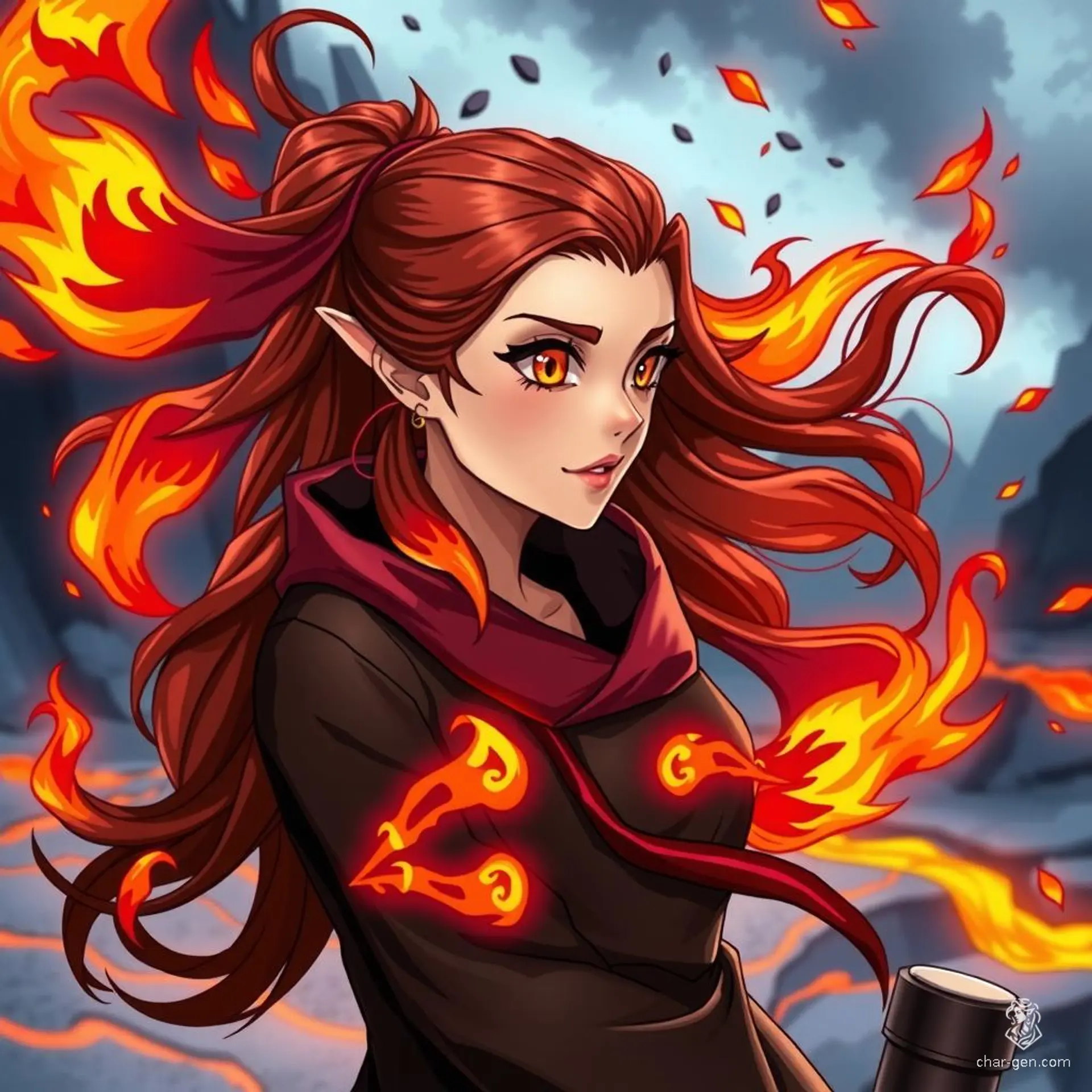 In stunning 4K anime-style quality, this digital artwork by Russiee showcases a fire-themed female character. She possesses long fiery brown hair with ends ablaze, blazing orange eyes, and wears a dark red and black robe adorned with glowing ember patterns. Set against a volcanic landscape with flowing lava rivers, her radiant skin and intense, passionate expression capture a dynamic, life-size pose, detailed in HD with perfect anatomy and depth of field.