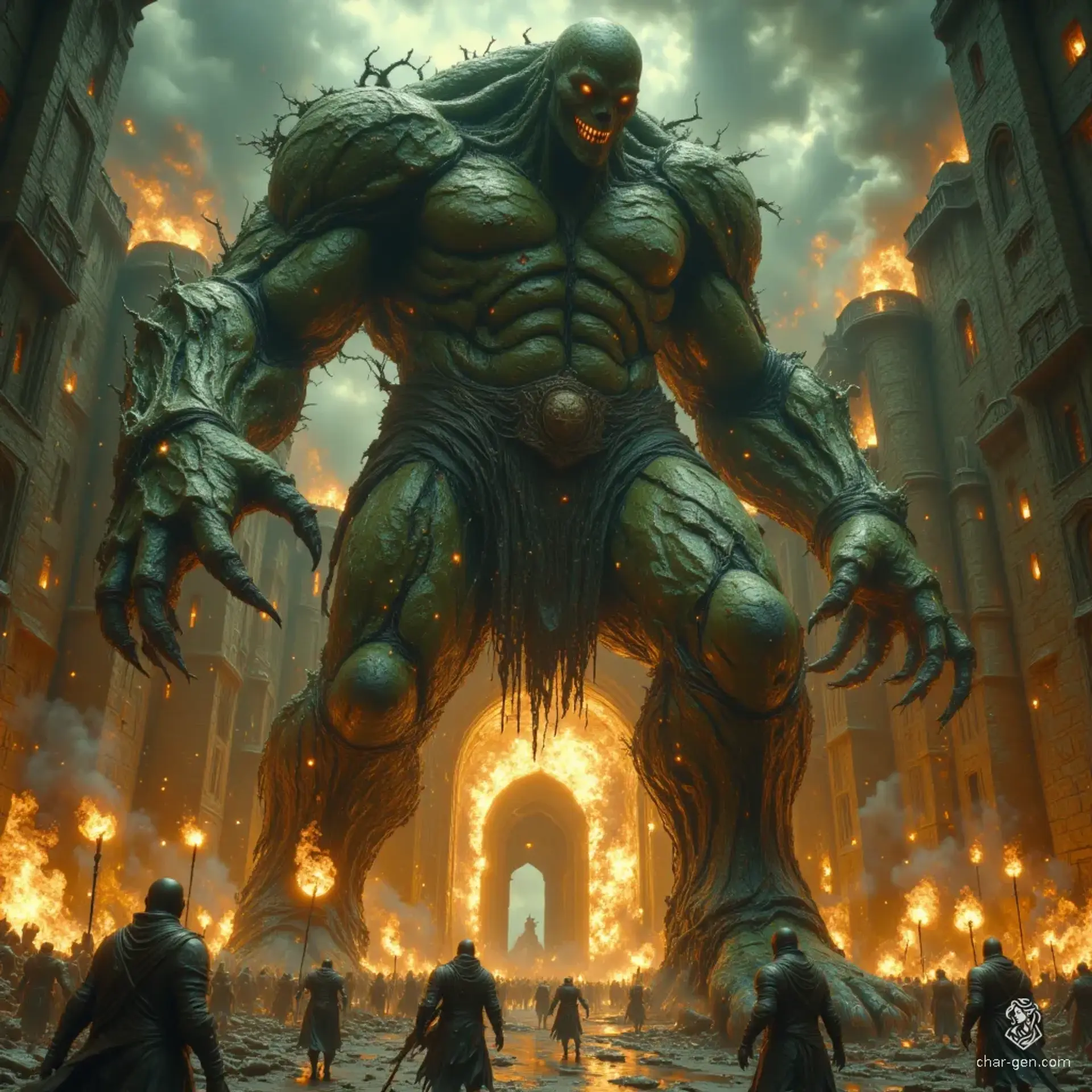 The grotesque flesh golem looms large, its sickly green skin stretched over mismatched limbs. As it crushes a screaming adventurer in fury, torches flicker in the hands of his comrades, desperately trying to fend off the hulking abomination with its shambling gait.