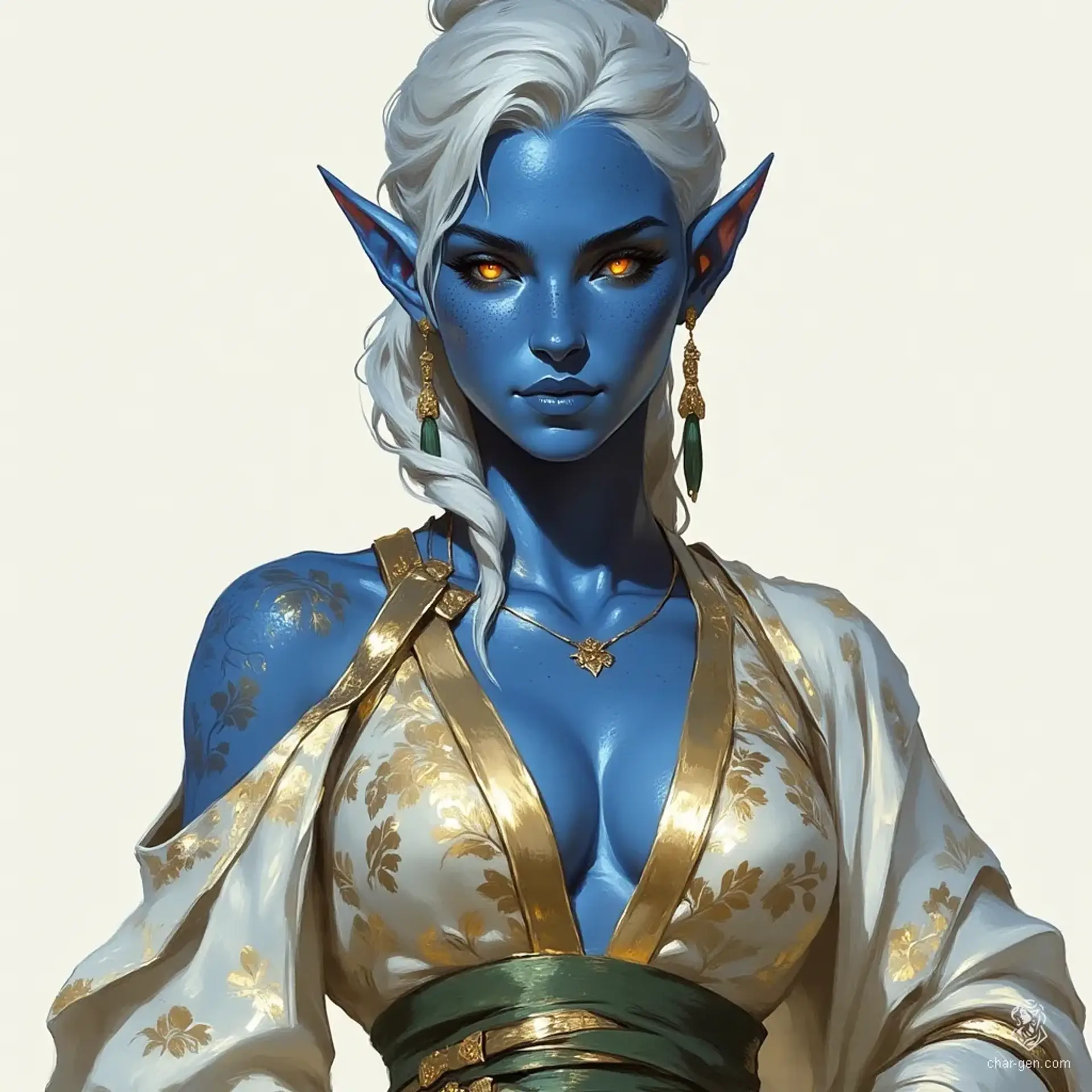A captivating middle-aged elf dancer, she boasts striking pale blue skin and flowing silver hair styled in a messy bun. Her enchanting pale blue eyes draw attention beneath pointed ears. Adorned in a richly patterned robe with a cinched green sash and elegant shoulder tassels, she radiates maturity and allure.