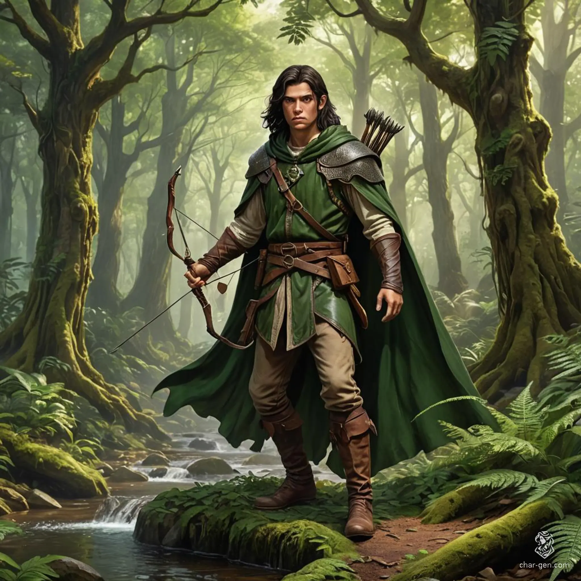 A young, tan-skinned male Druid with long black hair, clad in brown leather and a green cloak. He navigates forests and mountains with a bow or spear, accompanied by animal companions, tracking prey with natural, earthy wisdom.
