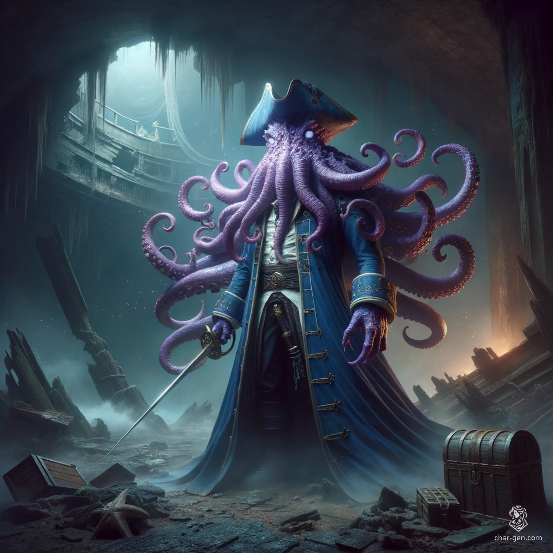 Amidst a wrecked ship stands a towering, purple-skinned mind flayer, with large white eyes and octopus-like tentacles. Resembling Davy Jones, it dons a tricorn hat, a long blue captain's coat, and a sabre at its hip, exuding an eerie, commanding presence.