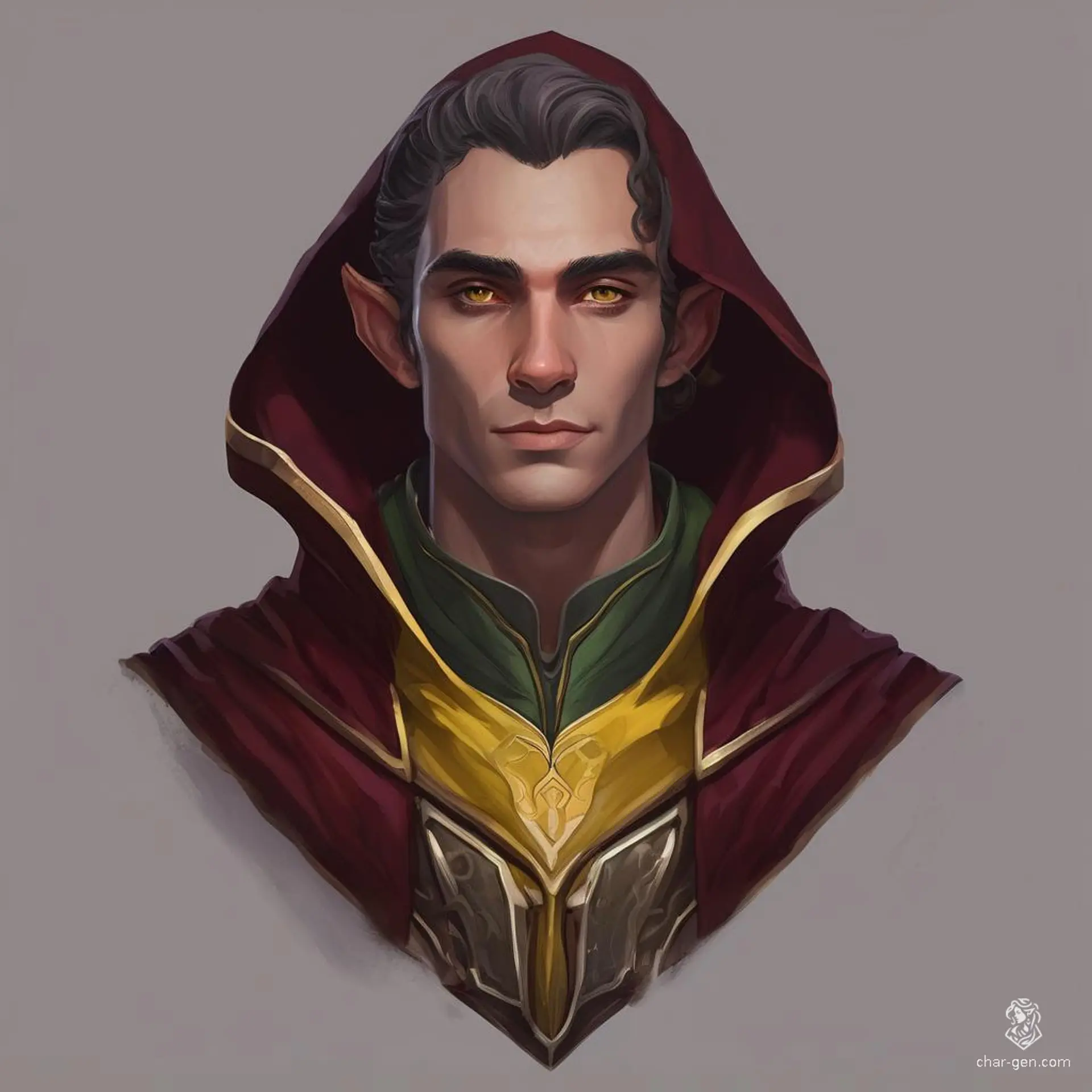 A head and shoulders portrait of an Elven male shrouded in a deep burgundy hooded cloak with subtle yellow detailing. His hood is up, partially concealing the armor beneath, lending an air of mysterious nobility and guarded strength.