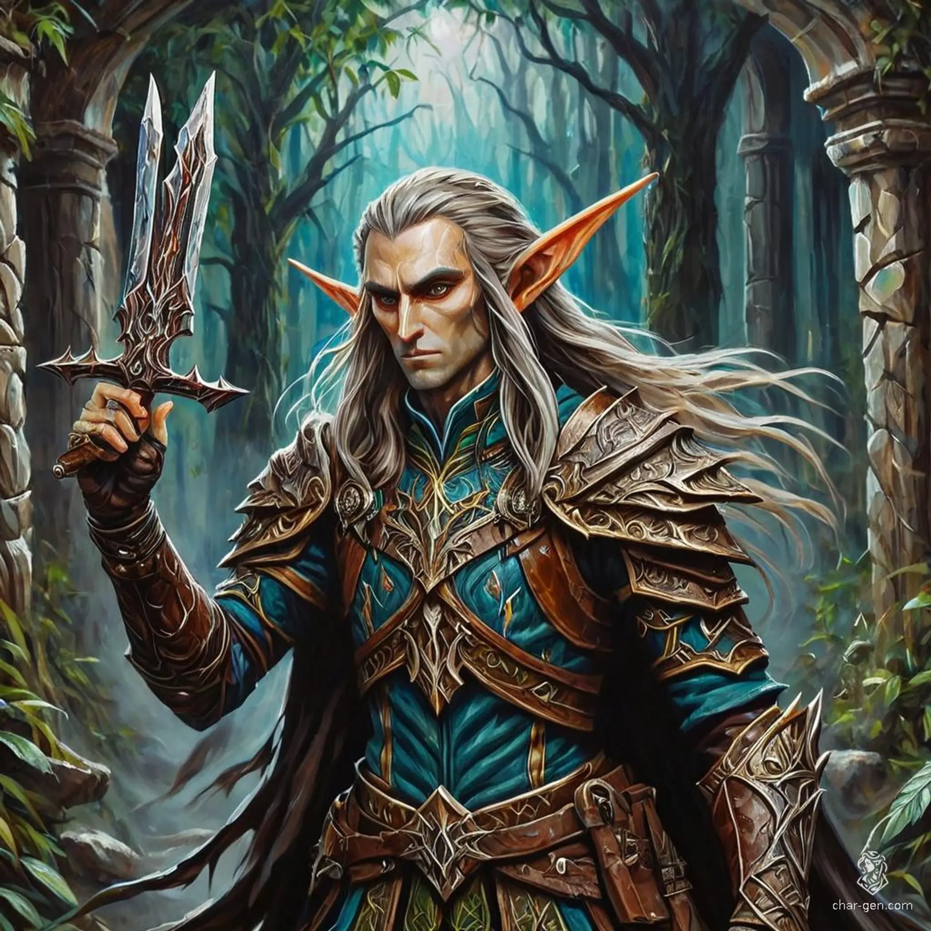 HenryKartoffelsalat's character is a charismatic High Elf warlock adorned with glowing arcane sigils. They wield a dagger confidently, displayed prominently in an intricately detailed leather armor. With a medium build and an aura of powerful magic, this sage captivates effortlessly.