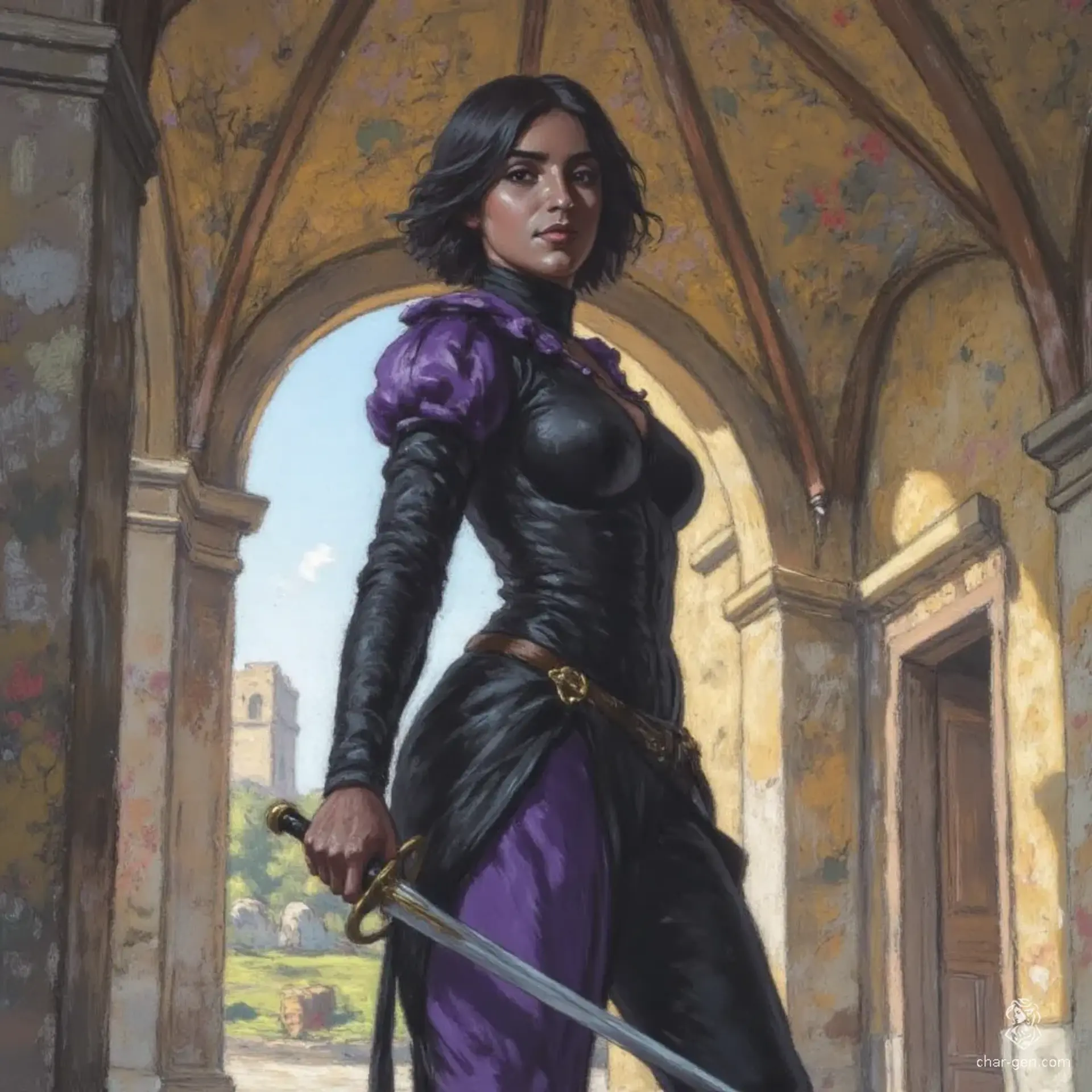 Esvele Rosznar is a cunning young noblewoman turned thief, with pale skin and a sharp, angular face. Her bob haircut frames her mischievous expression as she navigates crowded markets in a fitted black satin outfit adorned with purple ornaments, skillfully picking locks and pockets with nimble fingers.